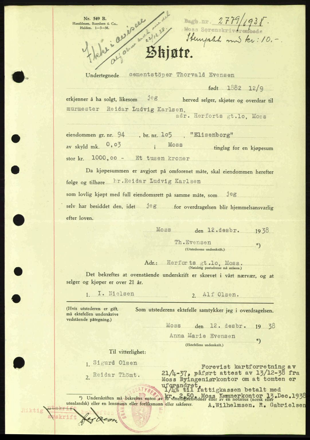 Moss sorenskriveri, SAO/A-10168: Pantebok nr. A5, 1938-1939, Dagboknr: 2779/1938