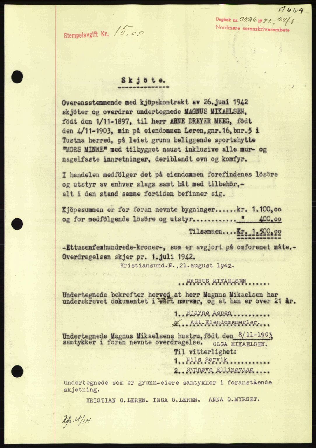 Nordmøre sorenskriveri, SAT/A-4132/1/2/2Ca: Pantebok nr. A93, 1942-1942, Dagboknr: 2296/1942