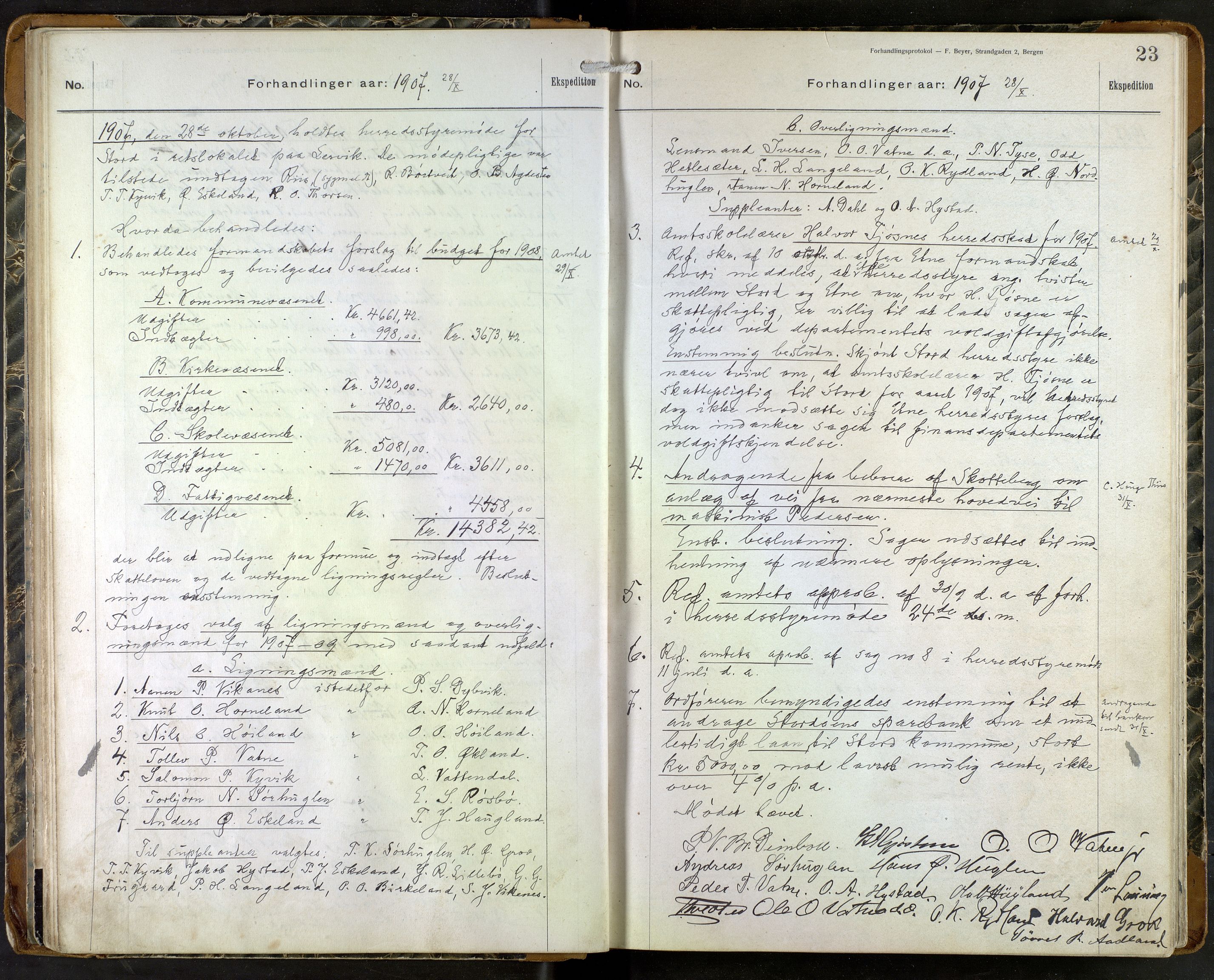 Stord kommune. Formannskapet, IKAH/1221-021/A/Aa/L0004: Møtebok for formannskapet og heradstyret , 1906-1917, s. 23