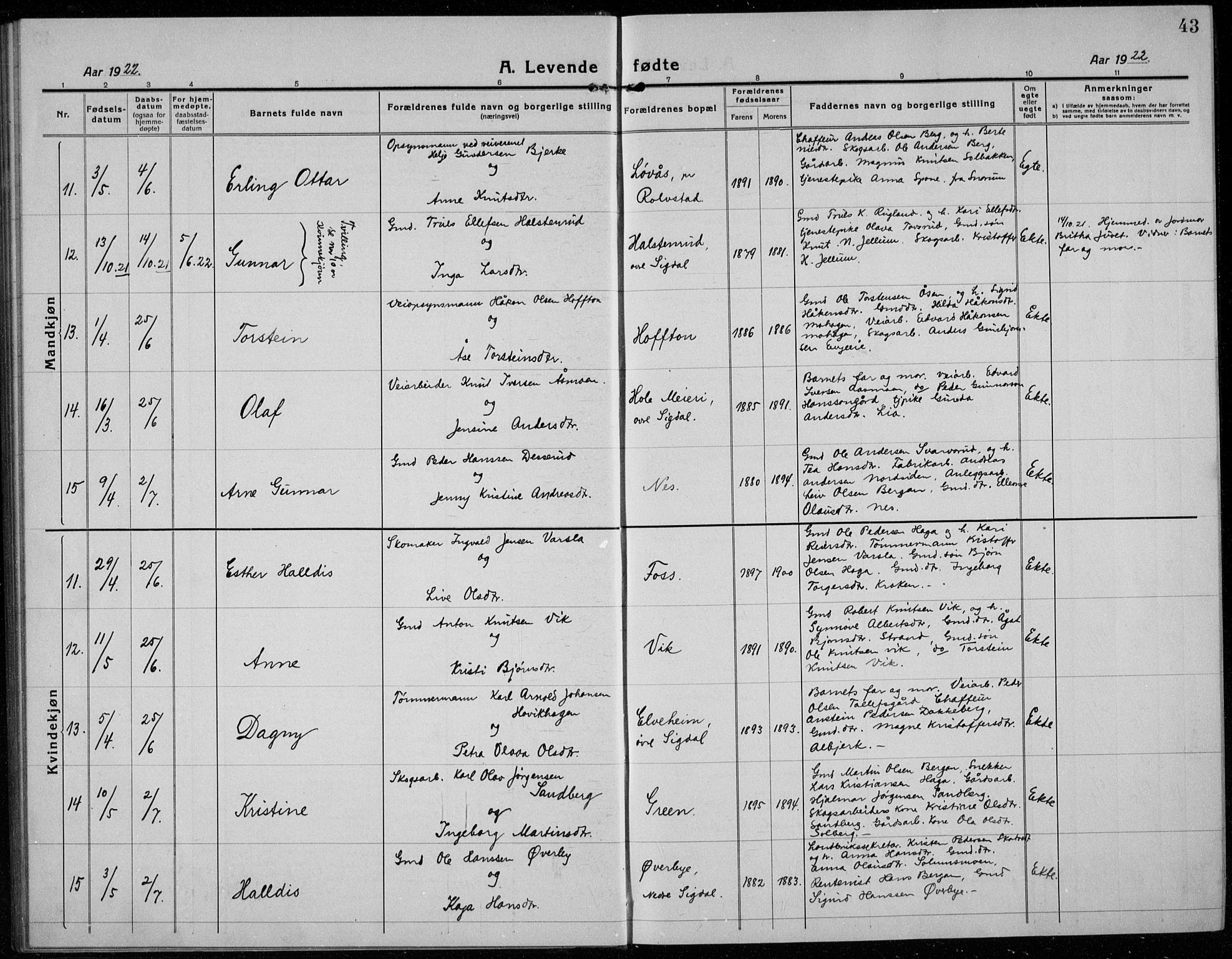 Sigdal kirkebøker, AV/SAKO-A-245/G/Ga/L0007: Klokkerbok nr. I 7, 1917-1935, s. 43