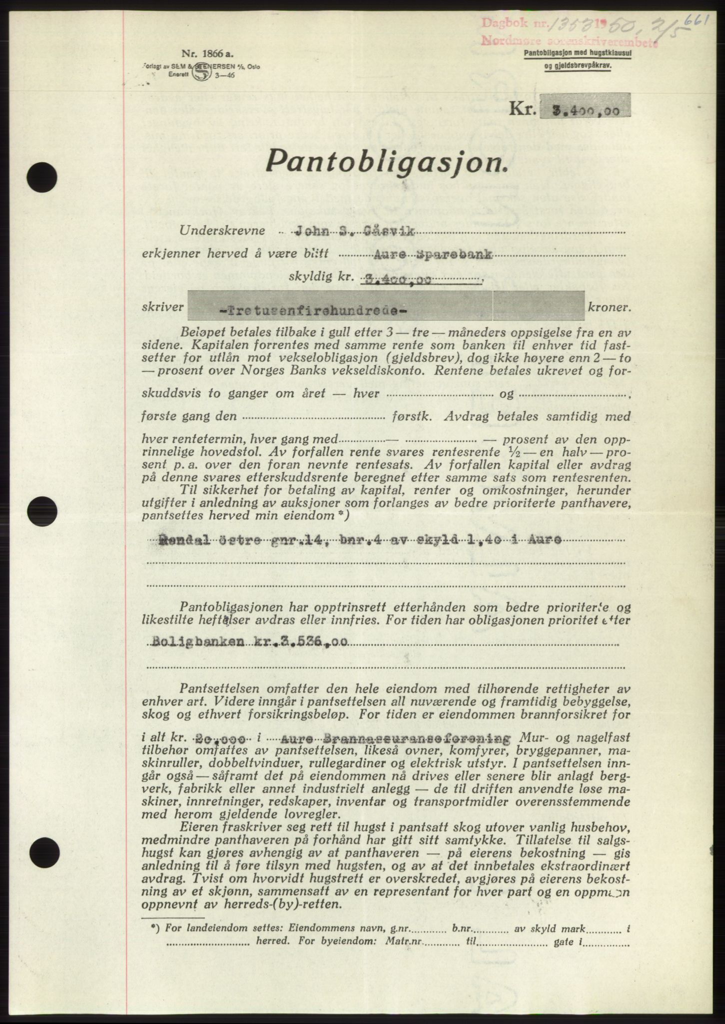Nordmøre sorenskriveri, SAT/A-4132/1/2/2Ca: Pantebok nr. B104, 1950-1950, Dagboknr: 1353/1950