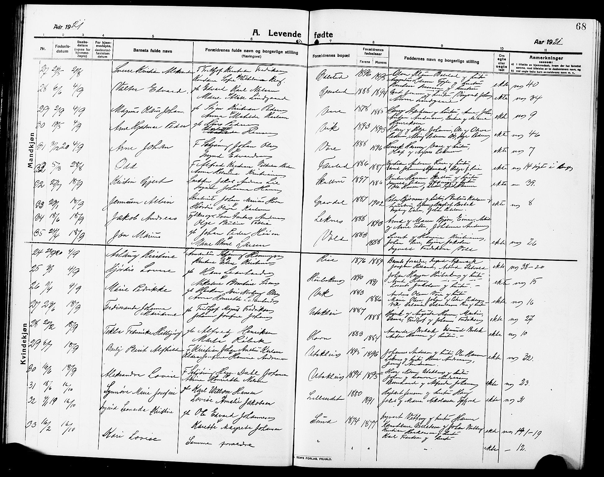 Ministerialprotokoller, klokkerbøker og fødselsregistre - Nordland, AV/SAT-A-1459/881/L1169: Klokkerbok nr. 881C06, 1912-1930, s. 68