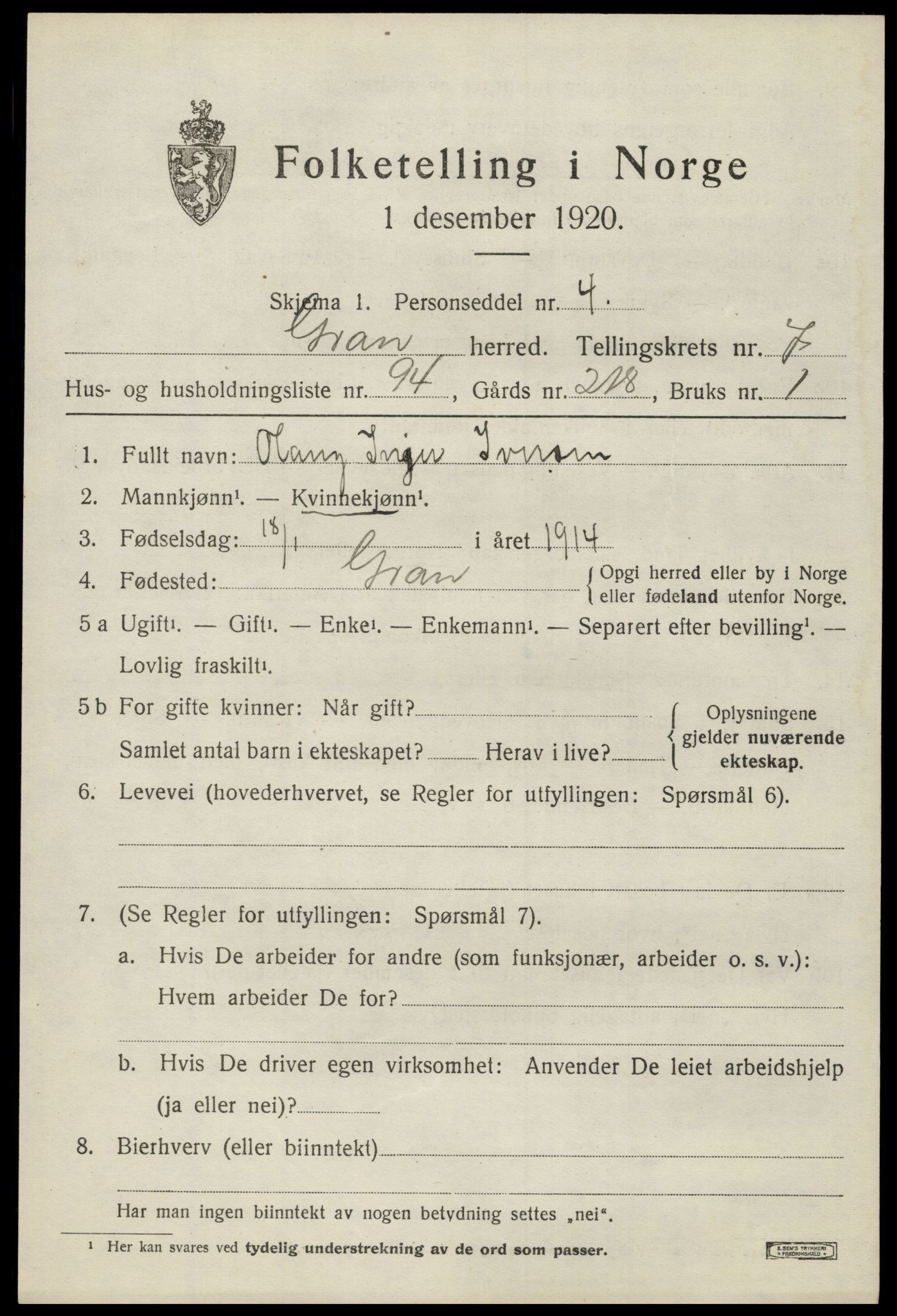 SAH, Folketelling 1920 for 0534 Gran herred, 1920, s. 10474