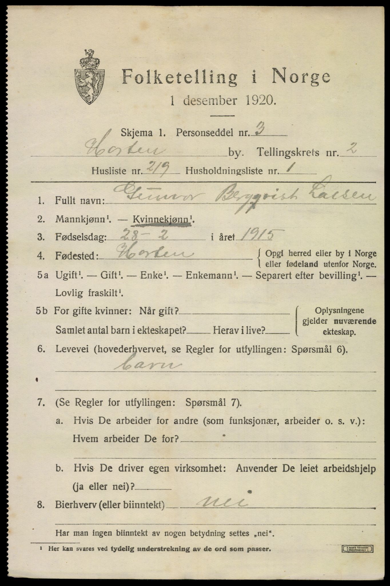 SAKO, Folketelling 1920 for 0703 Horten kjøpstad, 1920, s. 13453