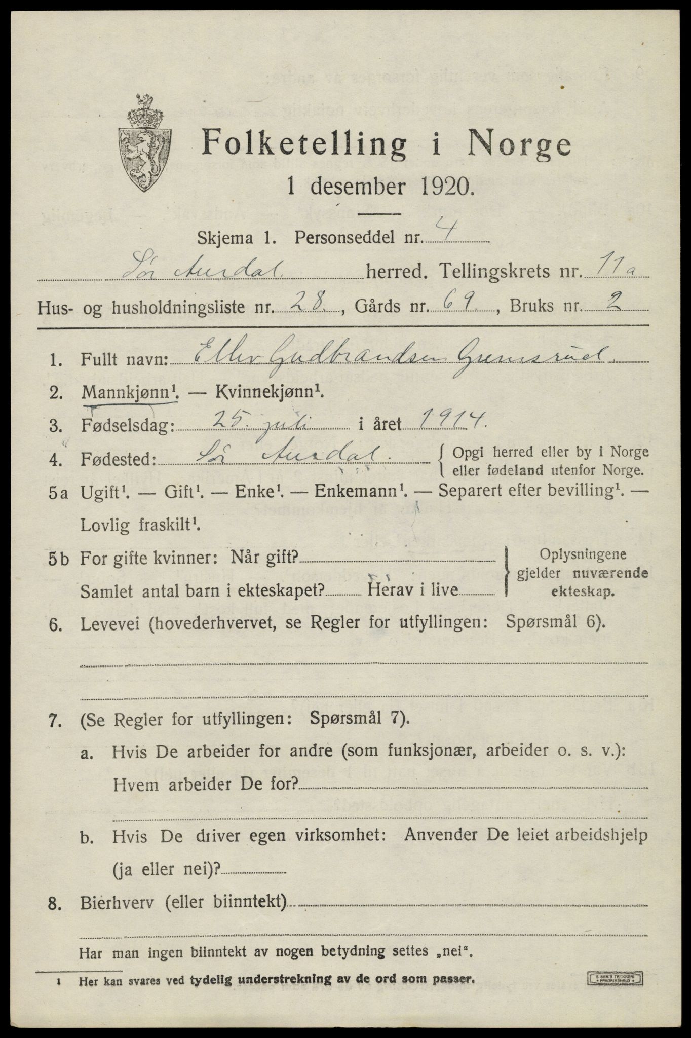 SAH, Folketelling 1920 for 0540 Sør-Aurdal herred, 1920, s. 6663