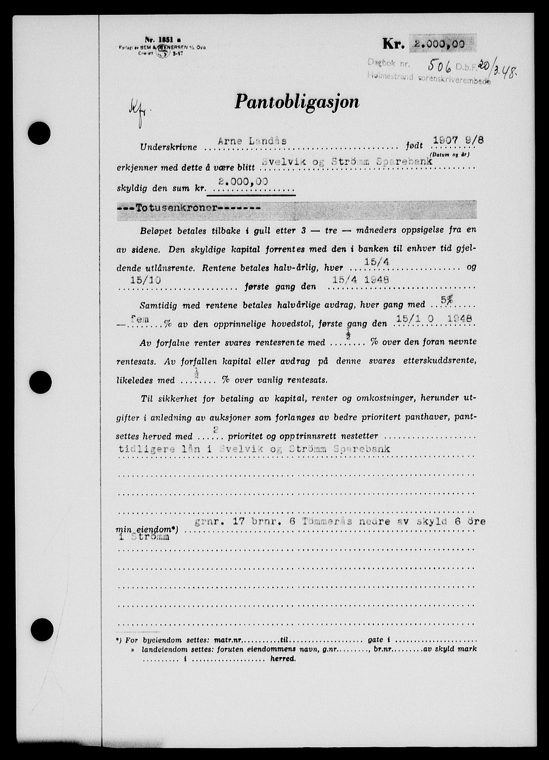 Holmestrand sorenskriveri, SAKO/A-67/G/Ga/Gab/L0058: Pantebok nr. B-58, 1947-1948, Dagboknr: 506/1948