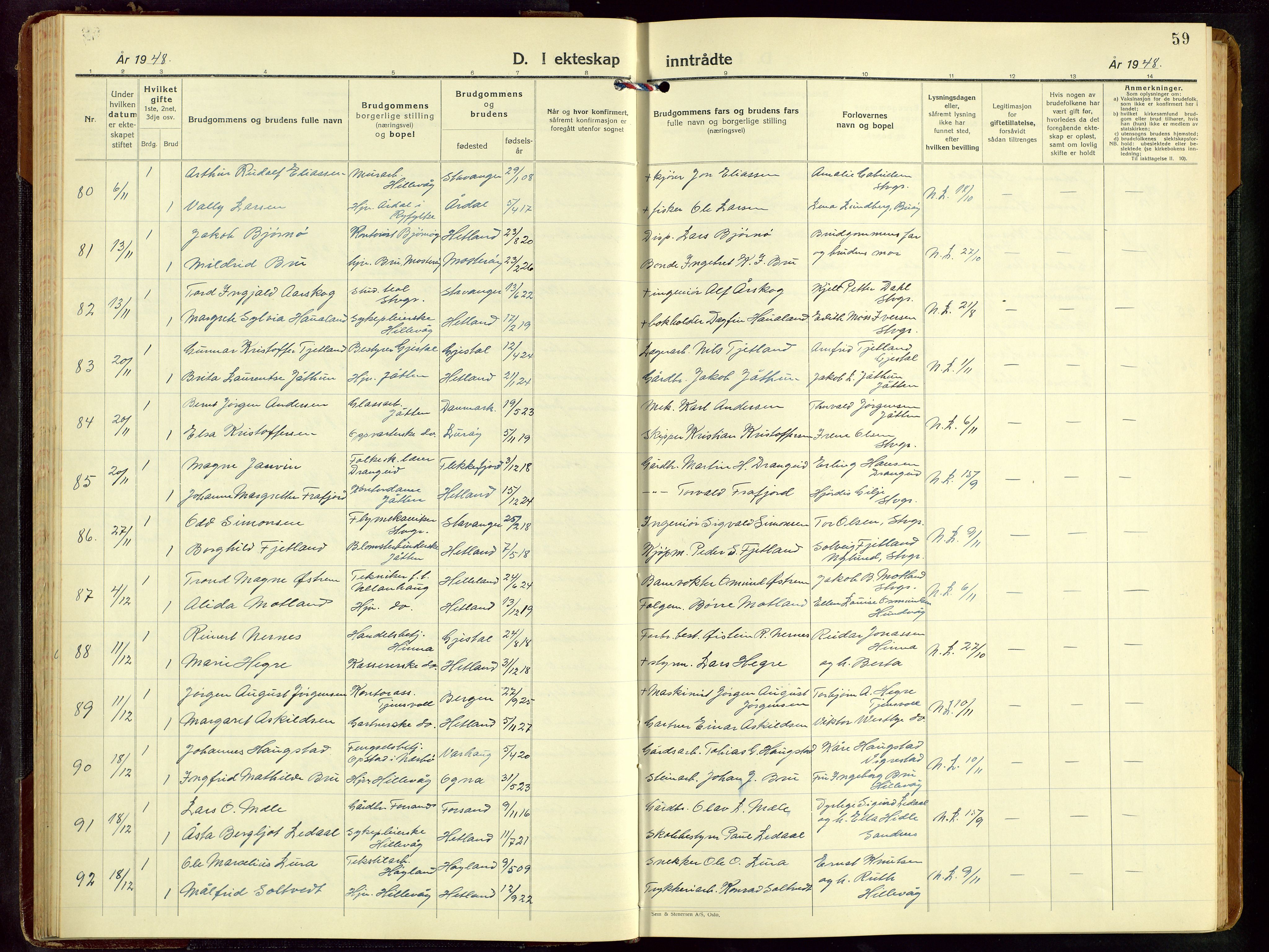 Hetland sokneprestkontor, AV/SAST-A-101826/30/30BB/L0016: Klokkerbok nr. B 16, 1942-1960, s. 59