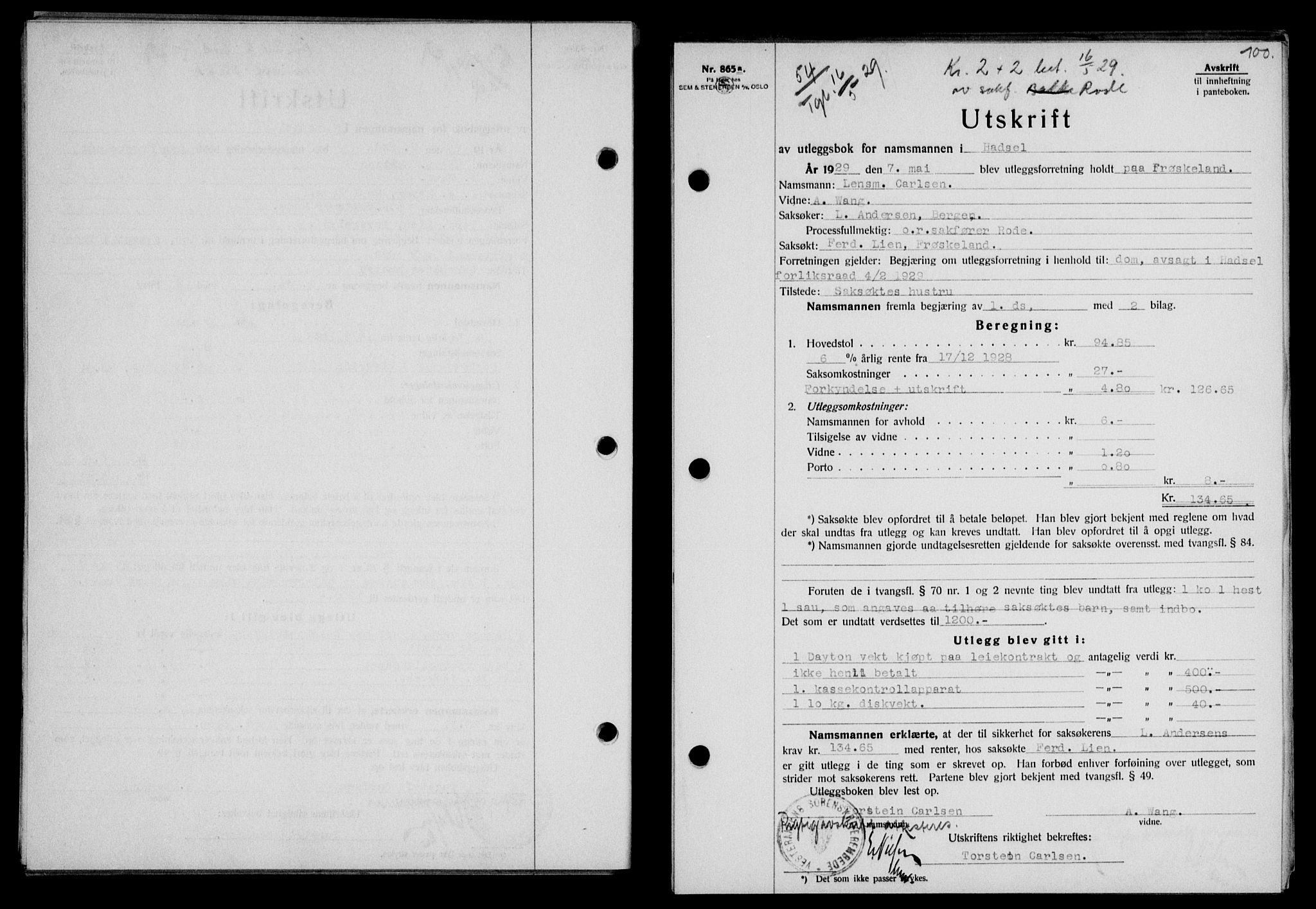Vesterålen sorenskriveri, SAT/A-4180/1/2/2Ca/L0049: Pantebok nr. 42, 1929-1929, Tingl.dato: 16.05.1929