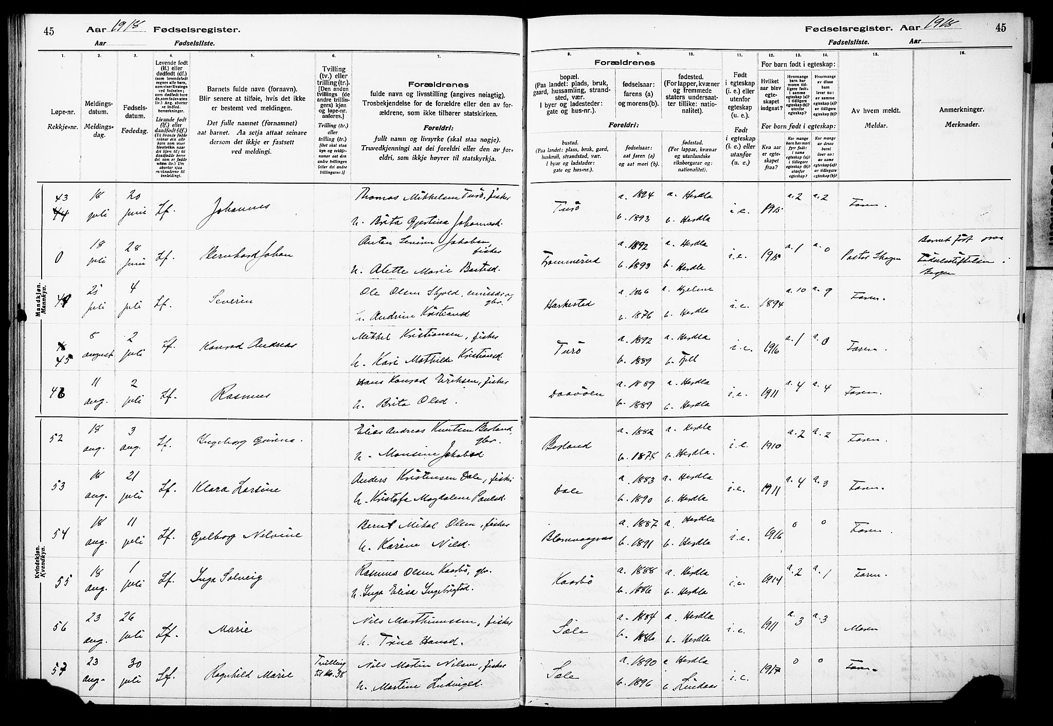 Herdla Sokneprestembete, AV/SAB-A-75701/I/Id/L00A1: Fødselsregister nr. A 1, 1916-1929, s. 45