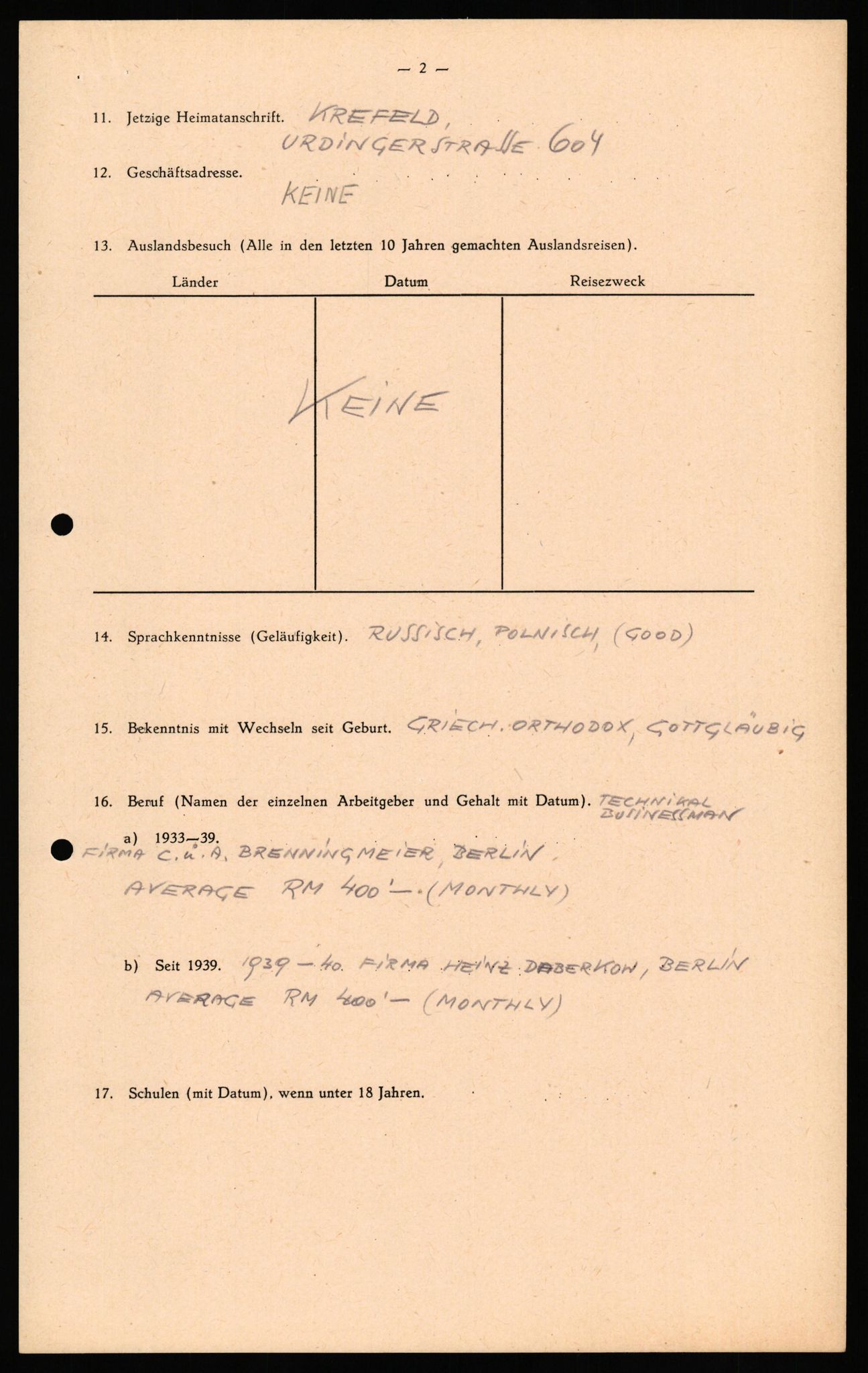 Forsvaret, Forsvarets overkommando II, RA/RAFA-3915/D/Db/L0035: CI Questionaires. Tyske okkupasjonsstyrker i Norge. Tyskere., 1945-1946, s. 122