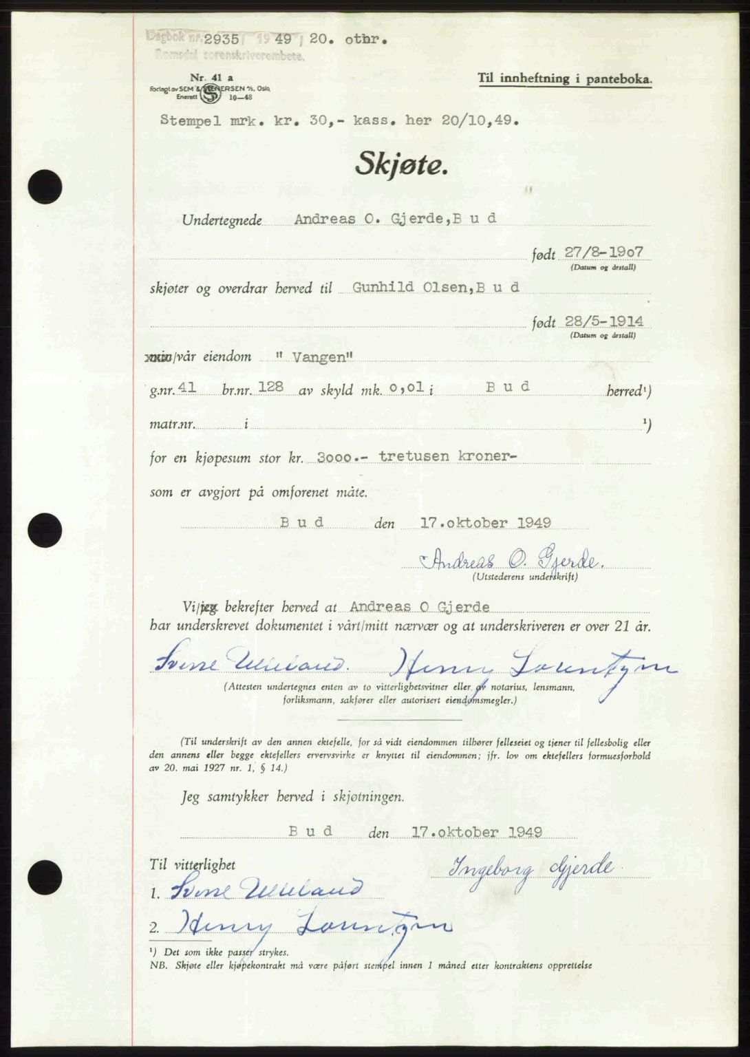 Romsdal sorenskriveri, SAT/A-4149/1/2/2C: Pantebok nr. A31, 1949-1949, Dagboknr: 2935/1949