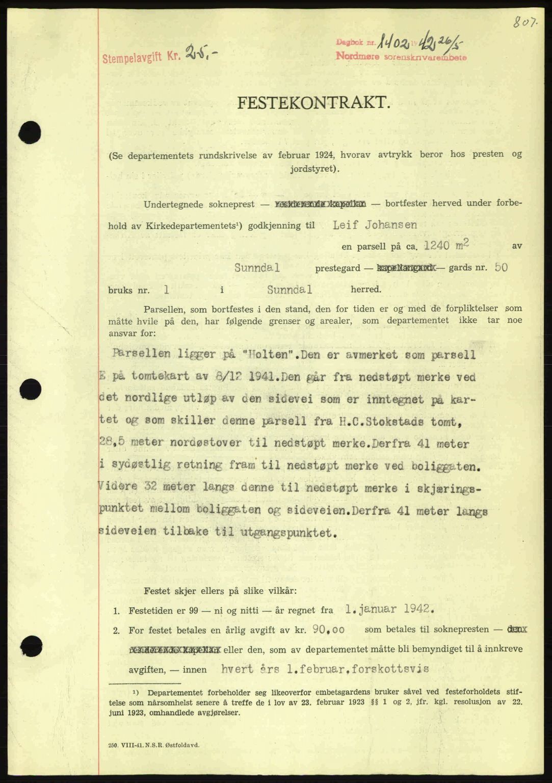 Nordmøre sorenskriveri, SAT/A-4132/1/2/2Ca: Pantebok nr. A92, 1942-1942, Dagboknr: 1402/1942