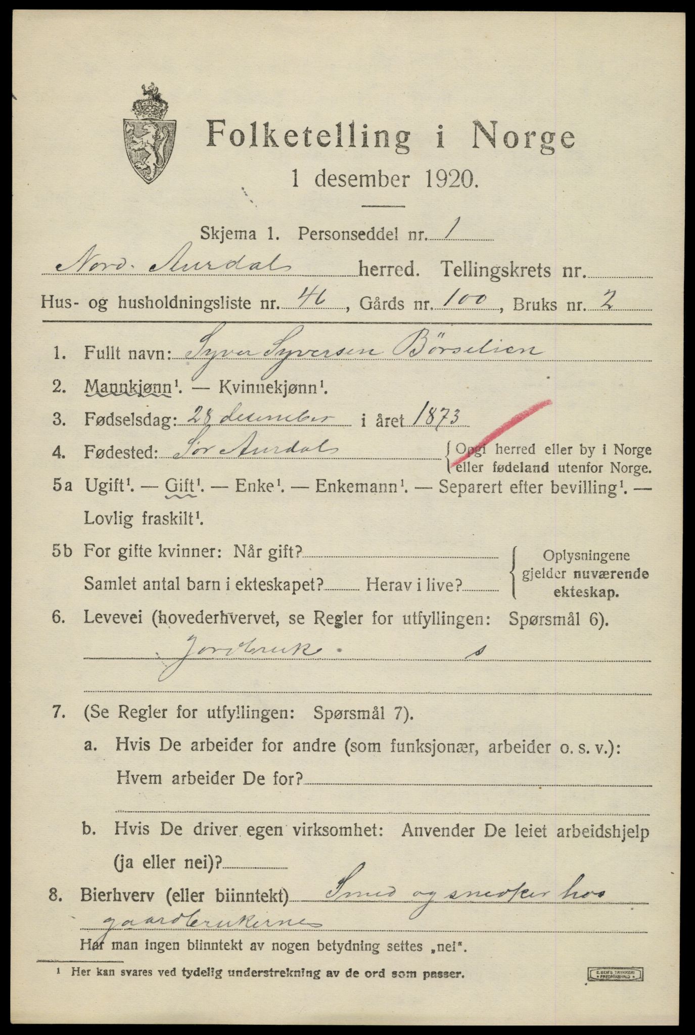 SAH, Folketelling 1920 for 0542 Nord-Aurdal herred, 1920, s. 10302