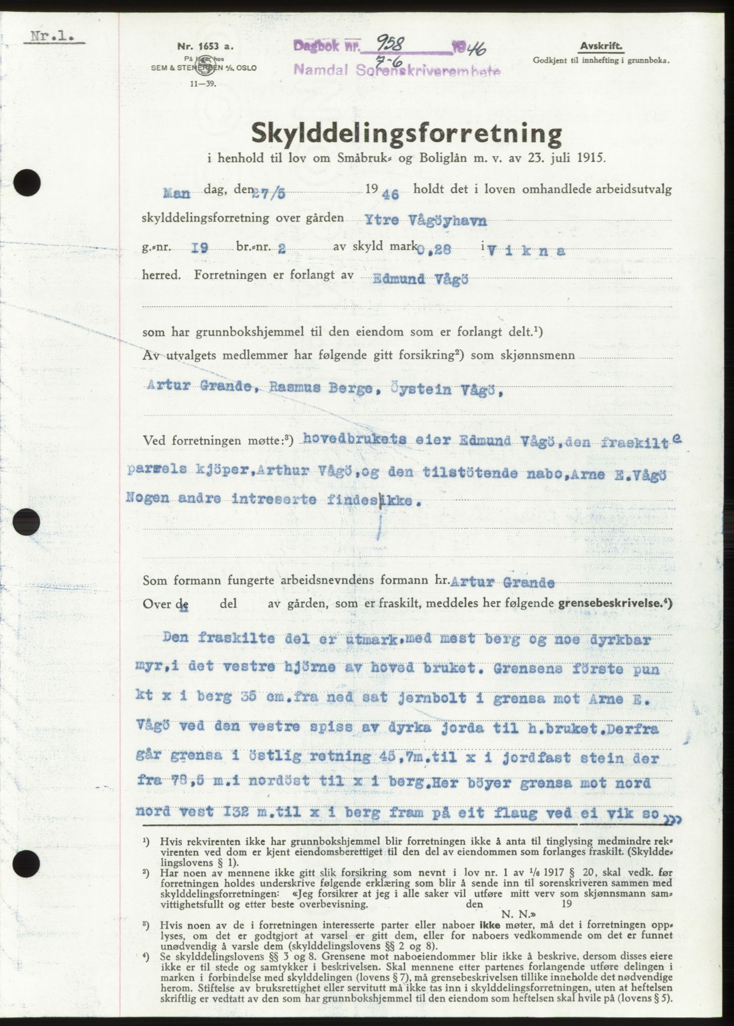 Namdal sorenskriveri, SAT/A-4133/1/2/2C: Pantebok nr. -, 1946-1946, Dagboknr: 958/1946