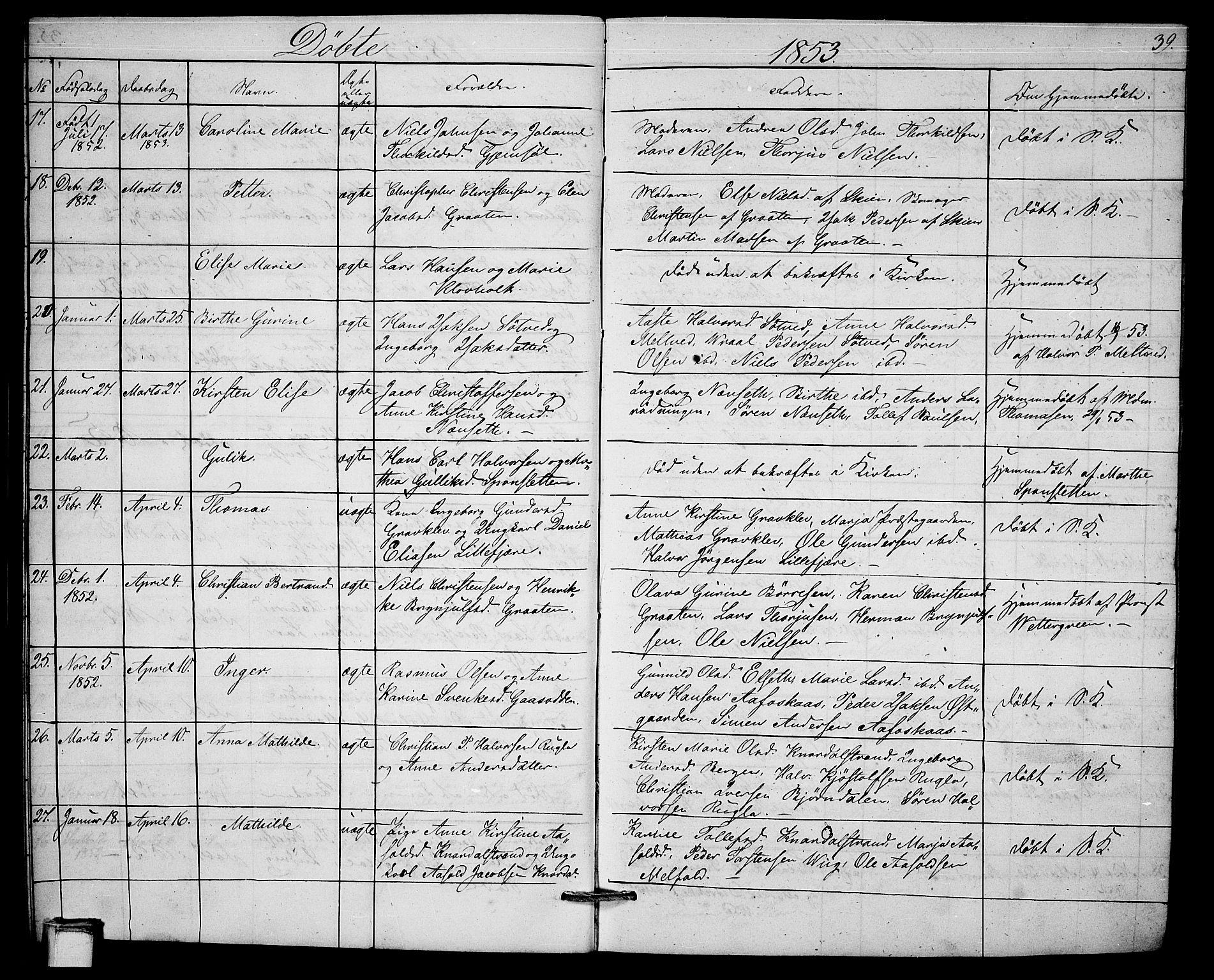 Solum kirkebøker, AV/SAKO-A-306/G/Ga/L0003: Klokkerbok nr. I 3, 1848-1859, s. 39