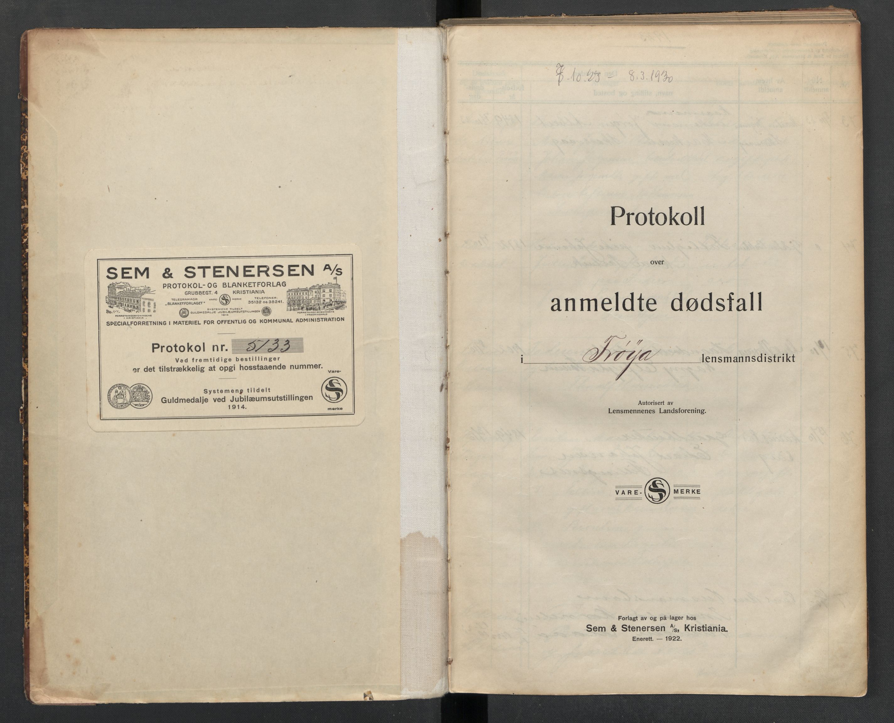 Frøya lensmannskontor, AV/SAT-A-1050/2/Ga/L0004: Dødsfallsprotokoll  (løse ark / vedlegg, se Yb 4), 1923-1930