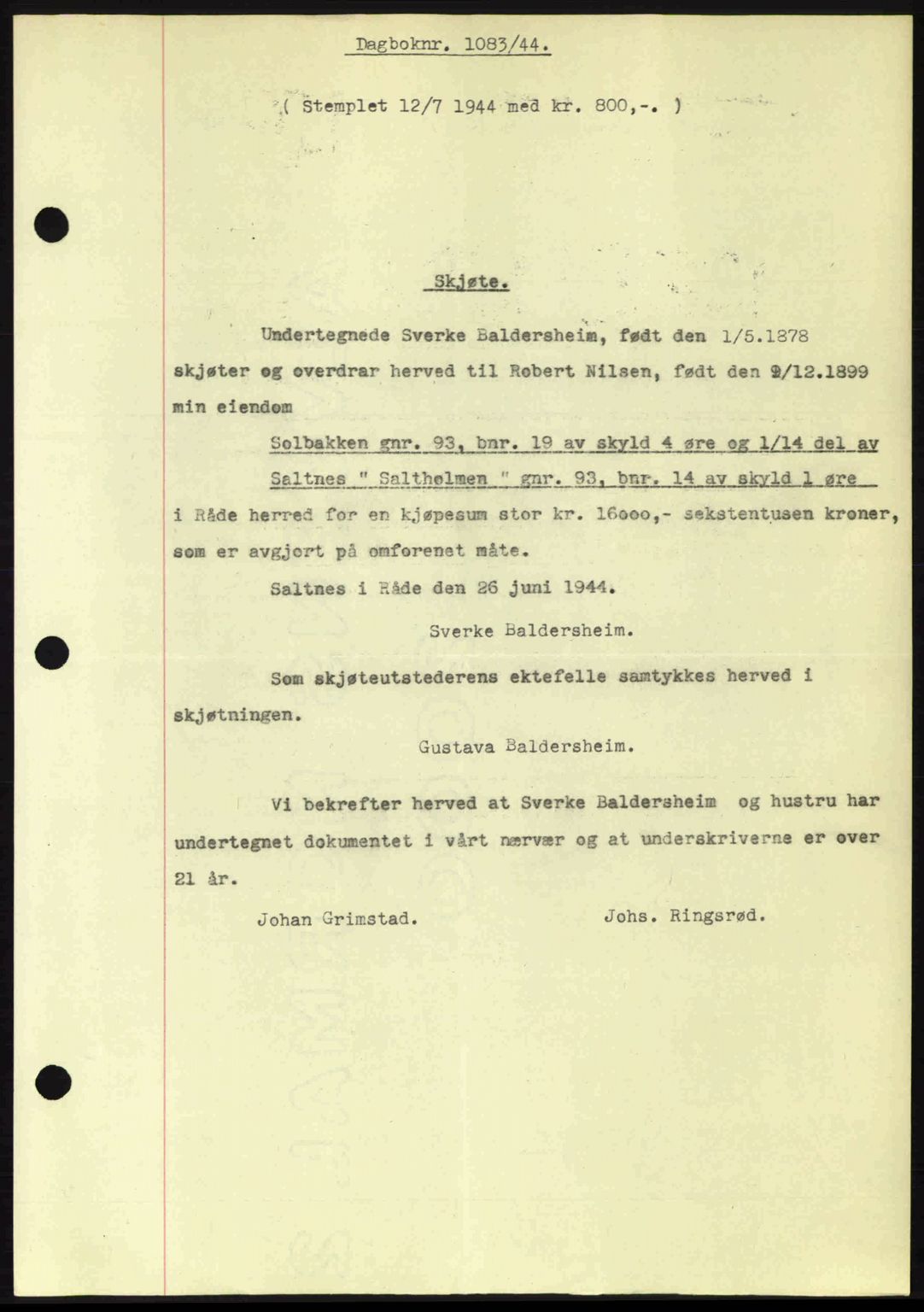 Moss sorenskriveri, SAO/A-10168: Pantebok nr. A12, 1943-1944, Dagboknr: 1083/1944