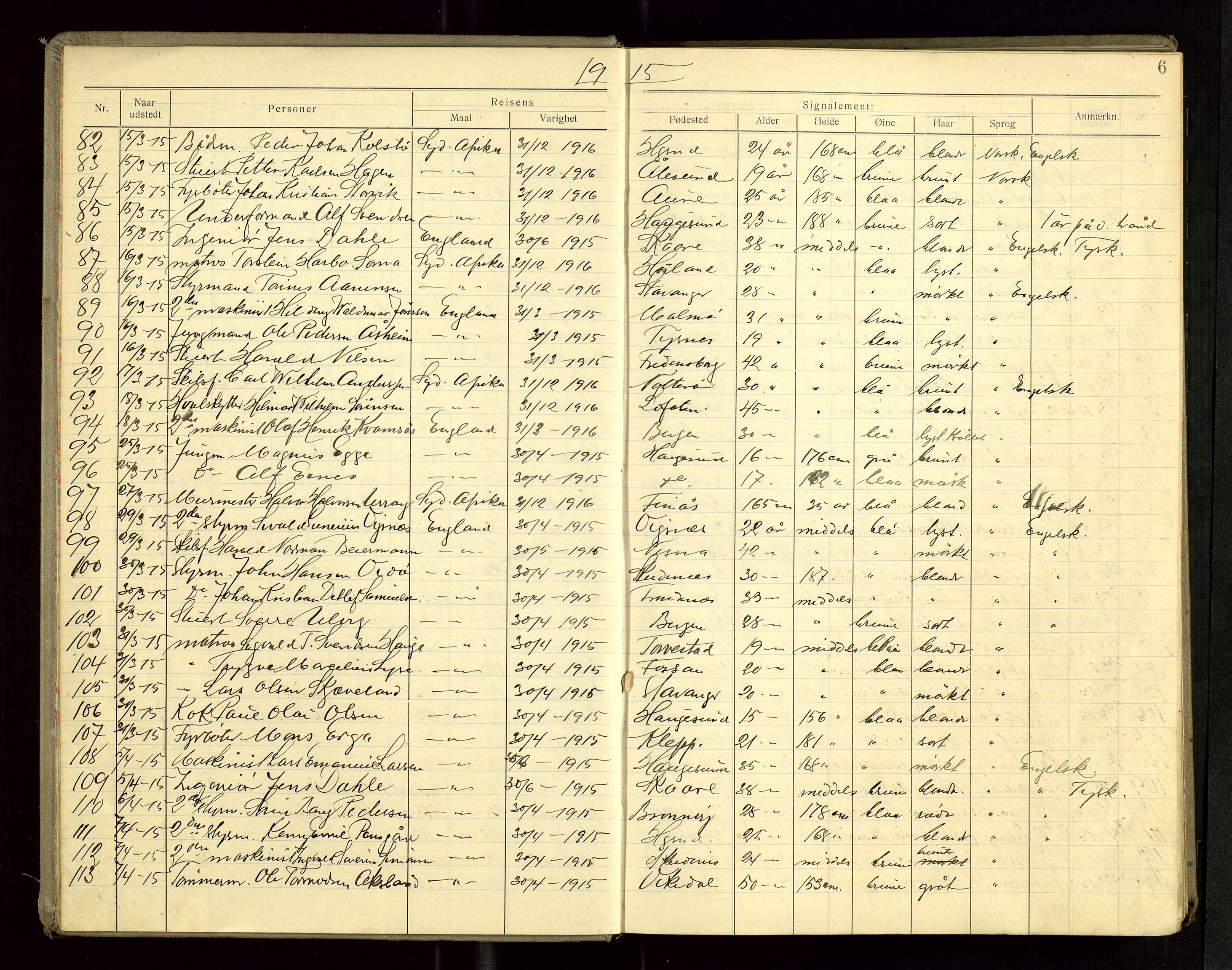 Haugesund politikammer, AV/SAST-A-100440/K/L0001: Passprotokoll 7. 5. 1912-5. 3. 1919, 1912-1919, s. 6