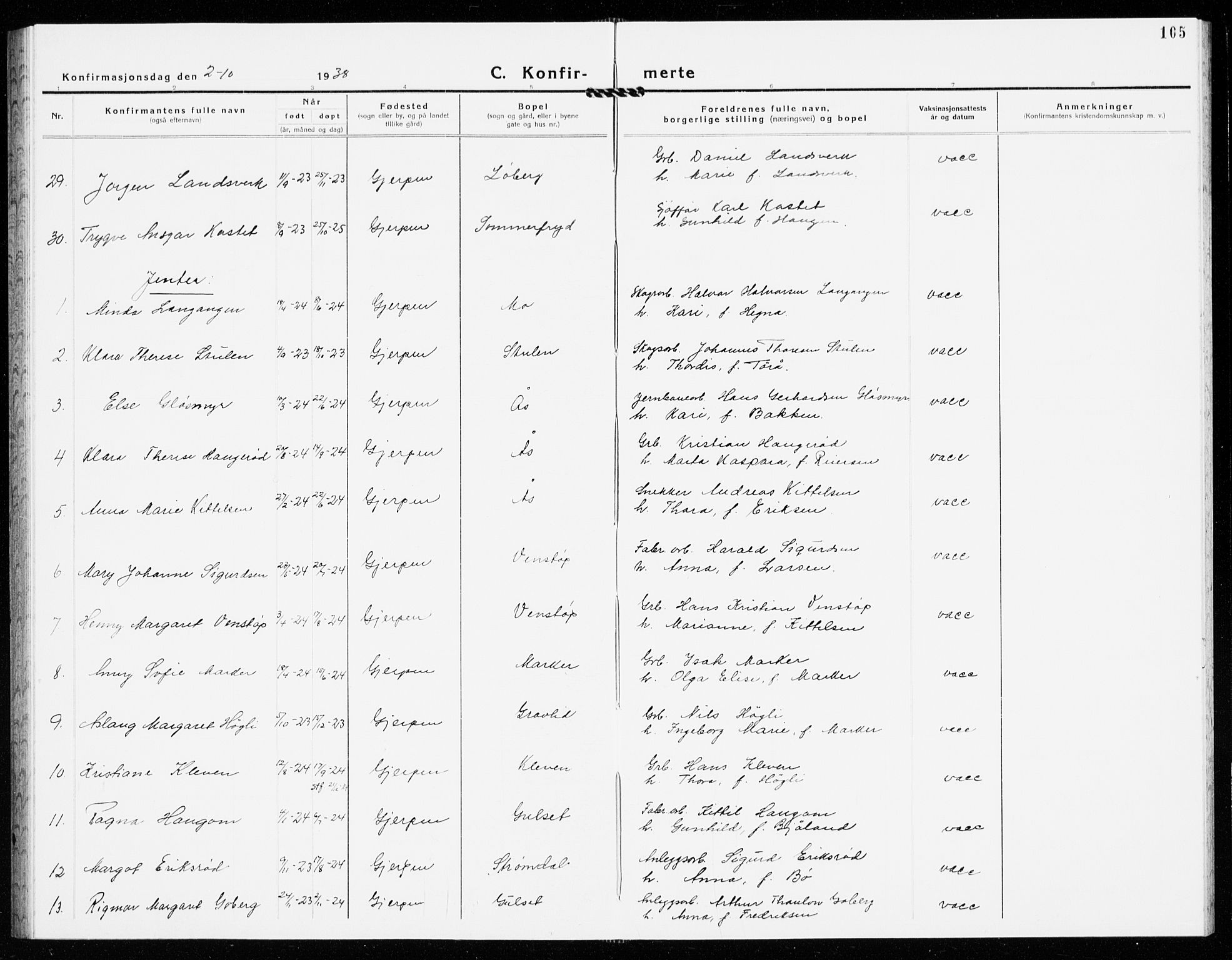 Gjerpen kirkebøker, AV/SAKO-A-265/G/Ga/L0005: Klokkerbok nr. I 5, 1932-1940, s. 105