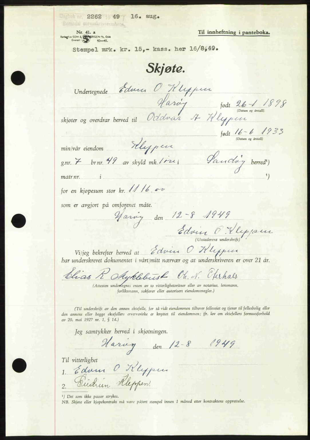 Romsdal sorenskriveri, SAT/A-4149/1/2/2C: Pantebok nr. A30, 1949-1949, Dagboknr: 2262/1949