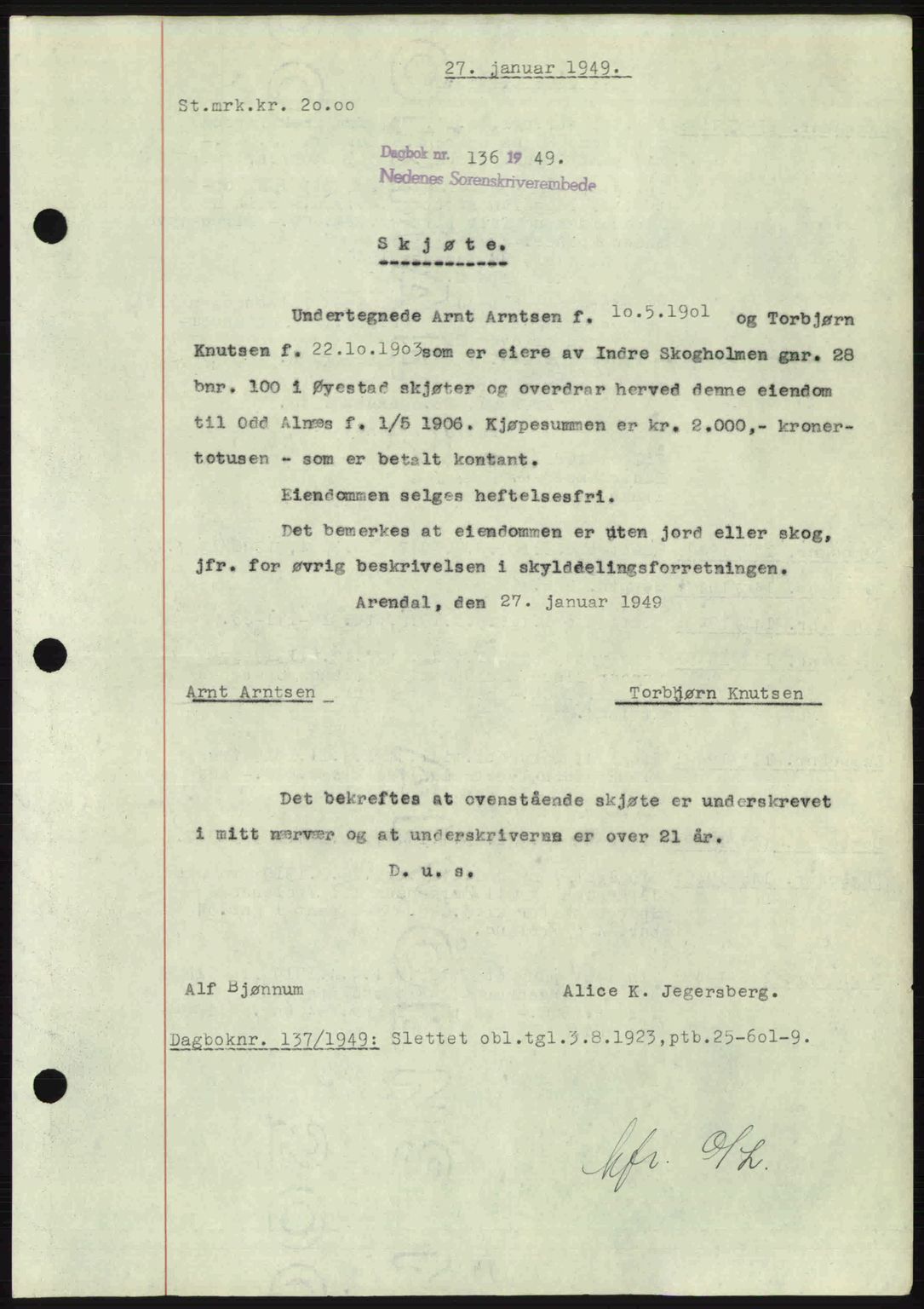 Nedenes sorenskriveri, AV/SAK-1221-0006/G/Gb/Gba/L0060: Pantebok nr. A12, 1948-1949, Dagboknr: 136/1949