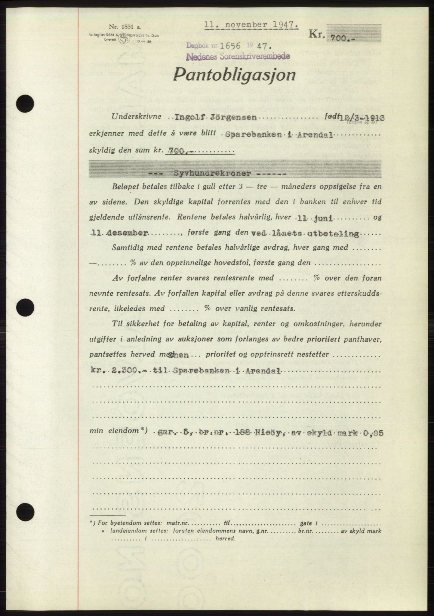 Nedenes sorenskriveri, SAK/1221-0006/G/Gb/Gbb/L0004: Pantebok nr. B4, 1947-1947, Dagboknr: 1656/1947