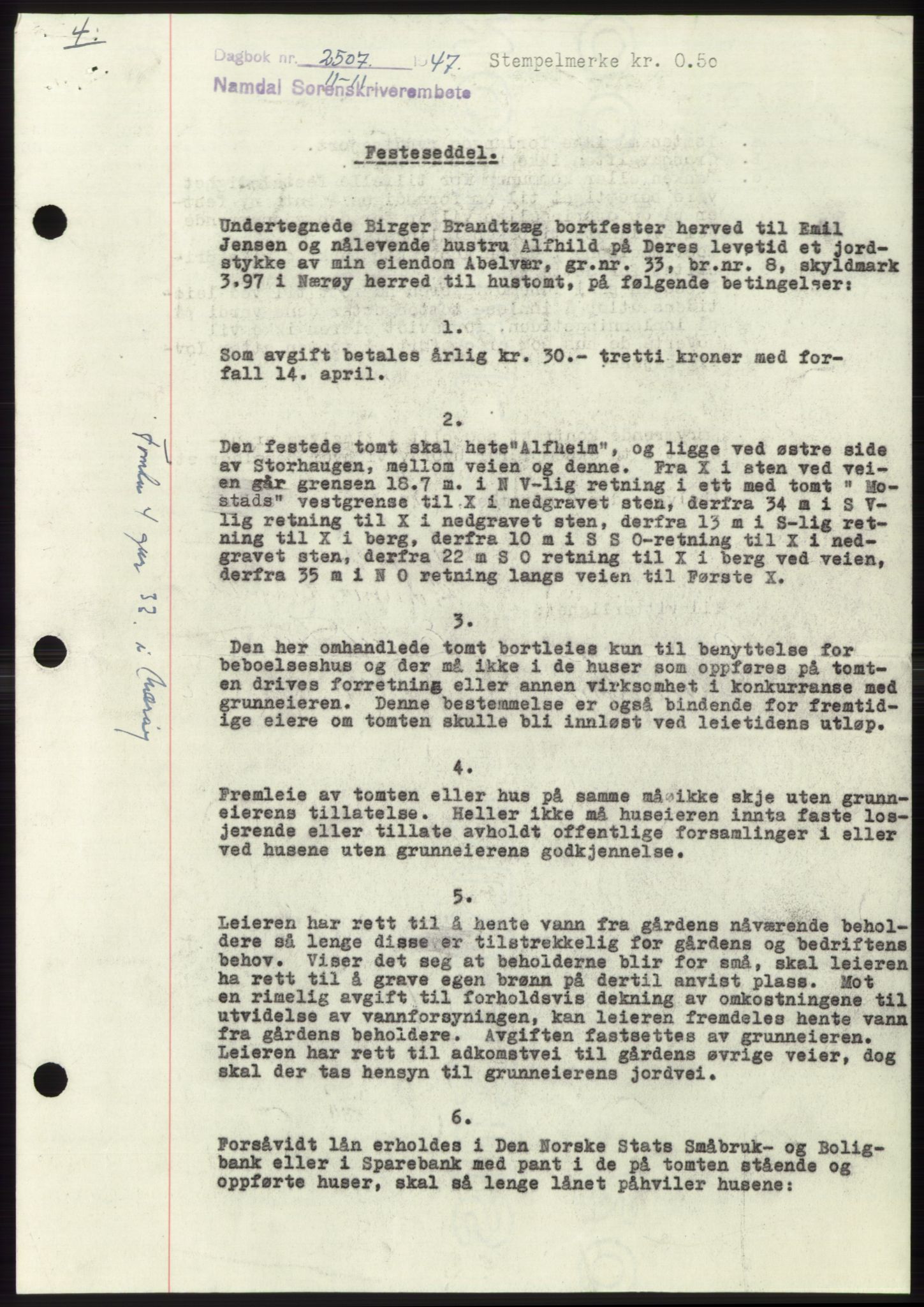 Namdal sorenskriveri, SAT/A-4133/1/2/2C: Pantebok nr. -, 1947-1948, Dagboknr: 2507/1947
