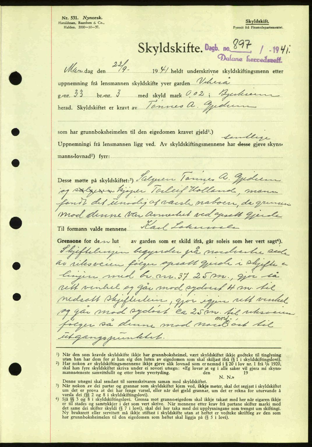 Dalane sorenskriveri, SAST/A-100309/02/G/Gb/L0045: Pantebok nr. A6, 1941-1942, Dagboknr: 897/1941