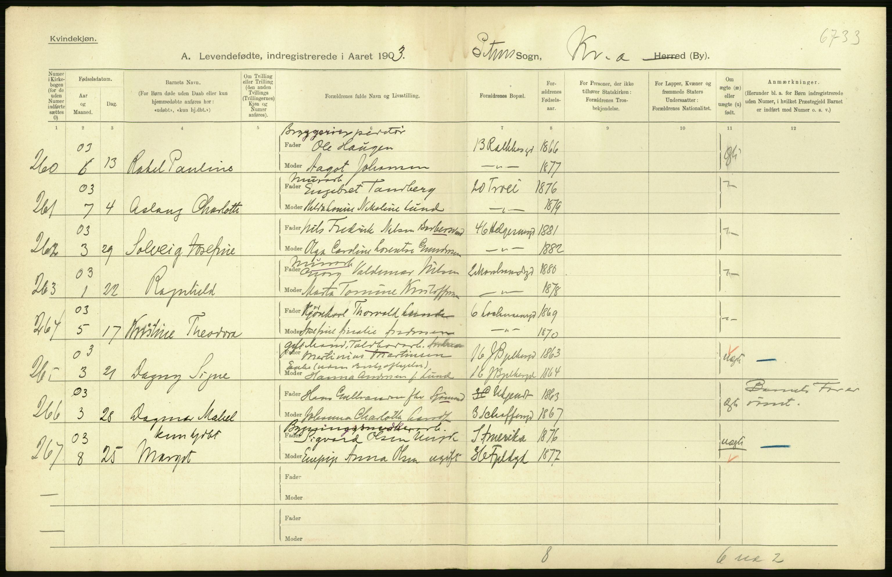 Statistisk sentralbyrå, Sosiodemografiske emner, Befolkning, AV/RA-S-2228/D/Df/Dfa/Dfaa/L0003: Kristiania: Fødte, 1903, s. 32