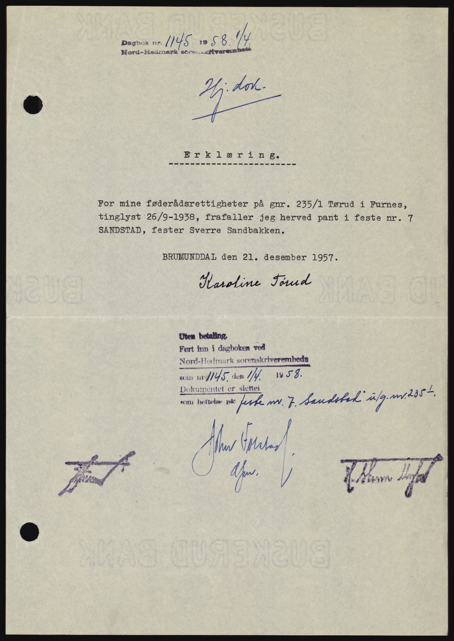 Nord-Hedmark sorenskriveri, SAH/TING-012/H/Hc/L0012: Pantebok nr. 12, 1957-1958, Dagboknr: 1145/1958