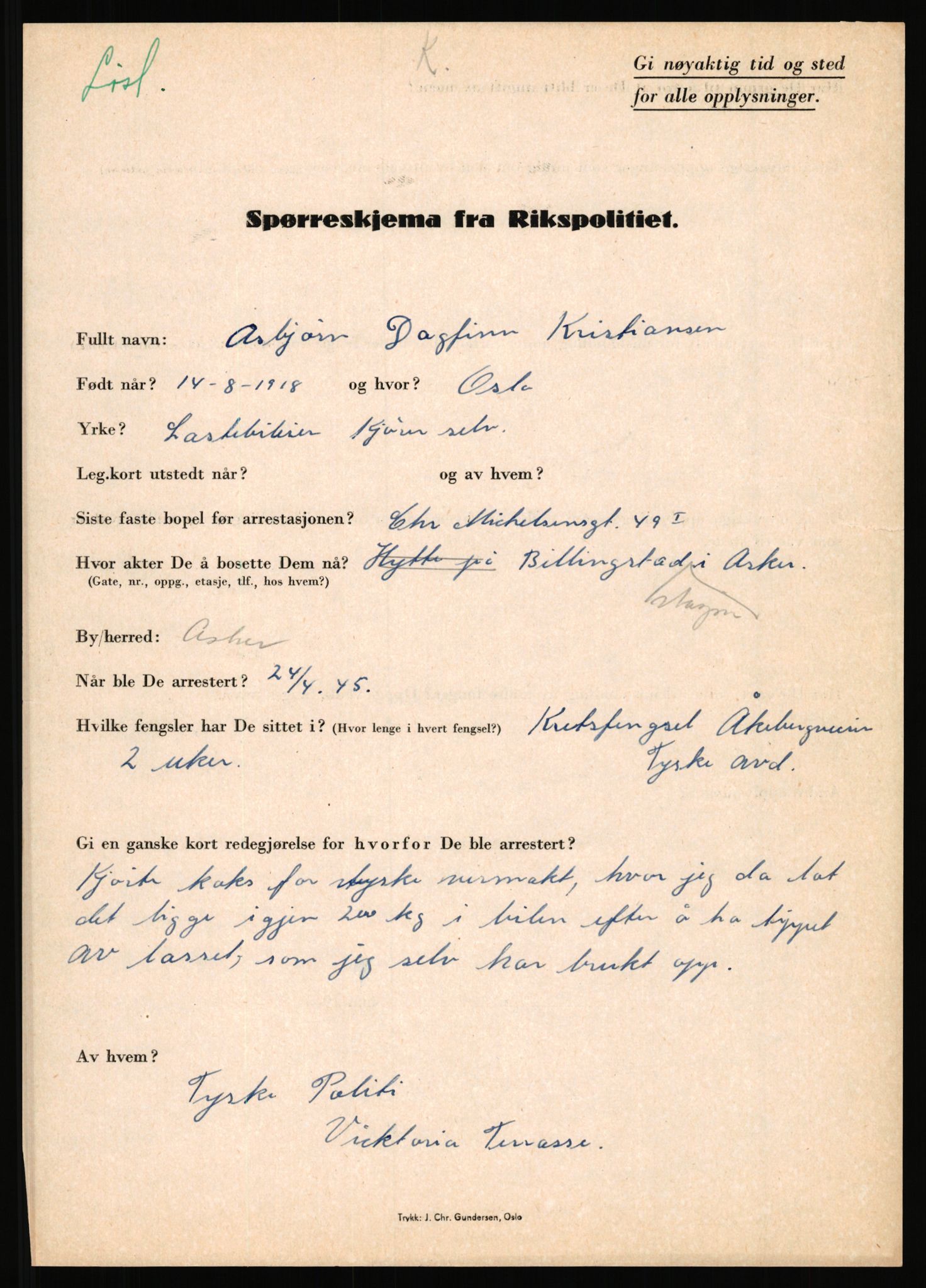 Rikspolitisjefen, AV/RA-S-1560/L/L0009: Karlsen, Aksel Emanuel - Kristiansen, Øivind Vetre, 1940-1945, s. 993