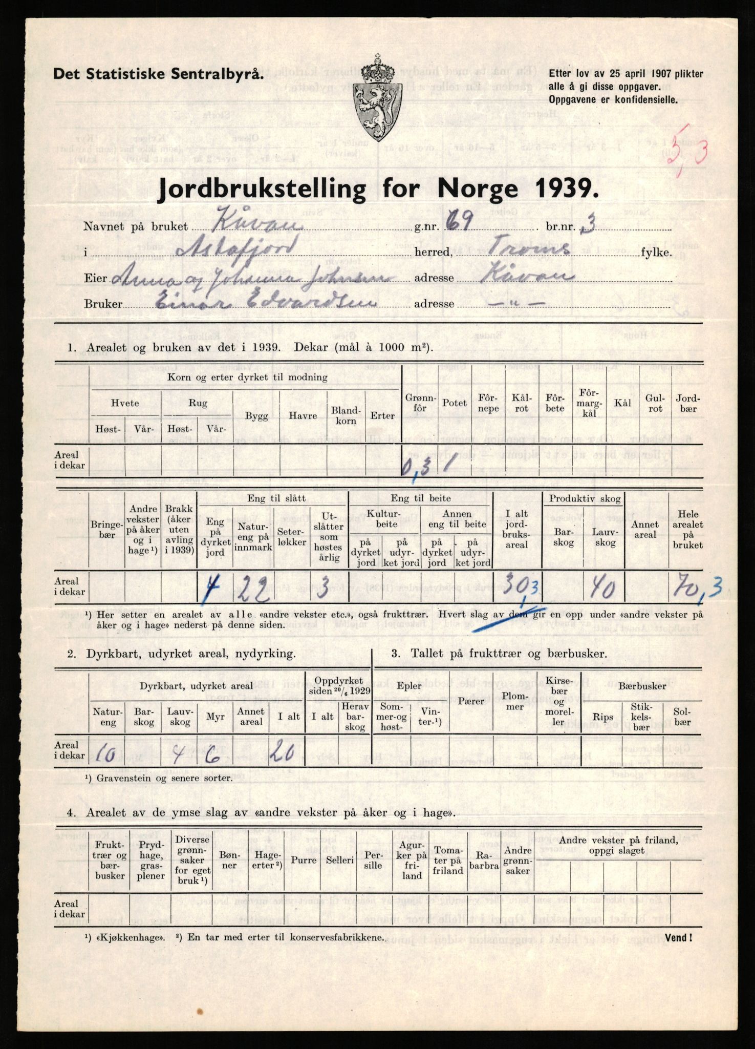 Statistisk sentralbyrå, Næringsøkonomiske emner, Jordbruk, skogbruk, jakt, fiske og fangst, AV/RA-S-2234/G/Gb/L0339: Troms: Andørja, Astafjord og Lavangen, 1939, s. 91