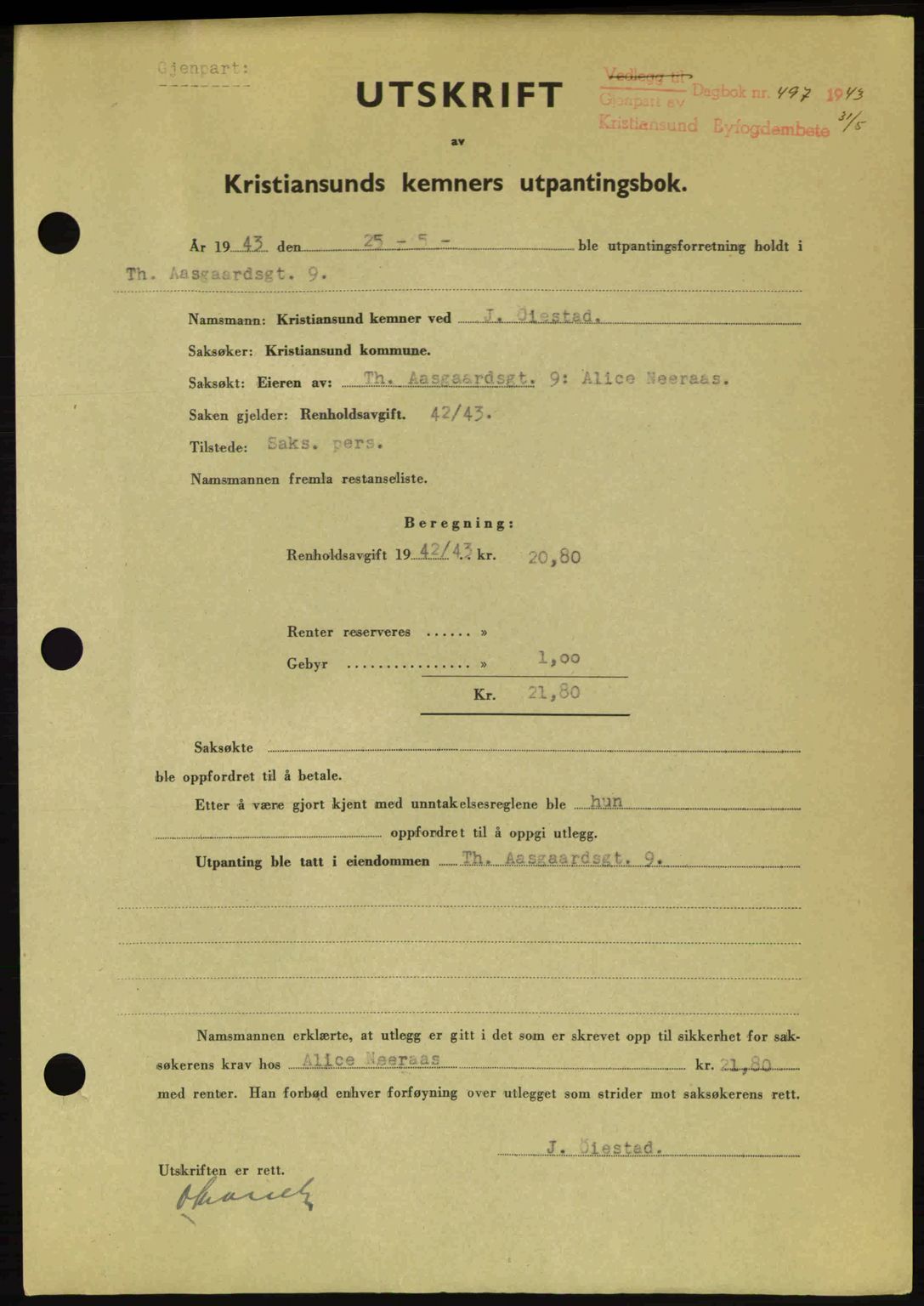 Kristiansund byfogd, SAT/A-4587/A/27: Pantebok nr. 36, 1942-1943, Dagboknr: 497/1943