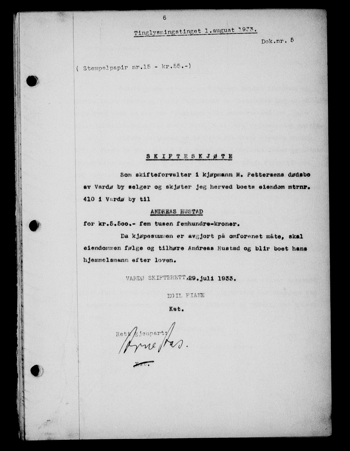 Vardø fogderi-sorenskriveri, SATØ/S-0060/1/L/Lg/L0014pantebok: Pantebok nr. 15, 1933-1935, Tingl.dato: 01.08.1933