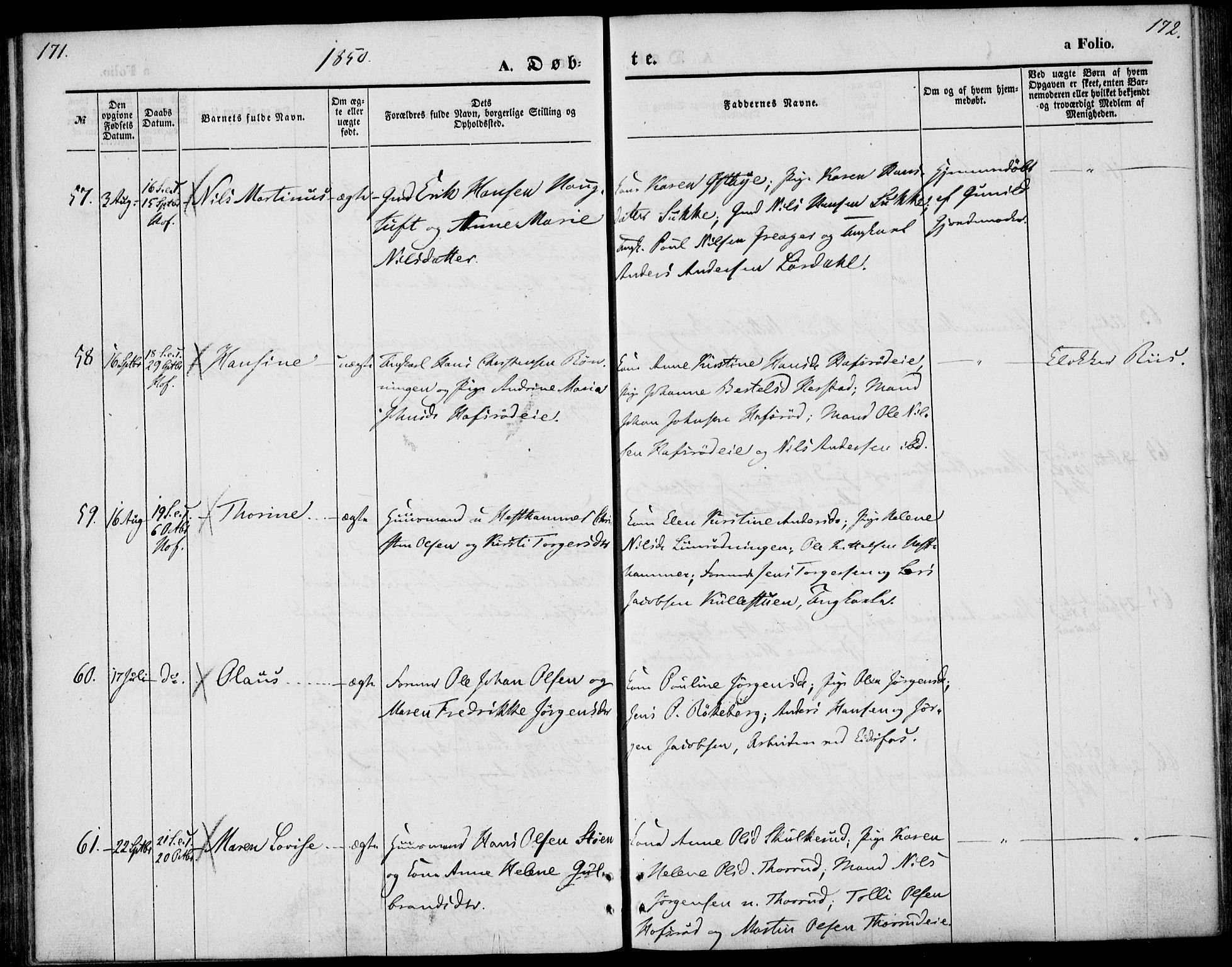 Hof kirkebøker, AV/SAKO-A-64/F/Fa/L0005: Ministerialbok nr. I 5, 1844-1851, s. 171-172