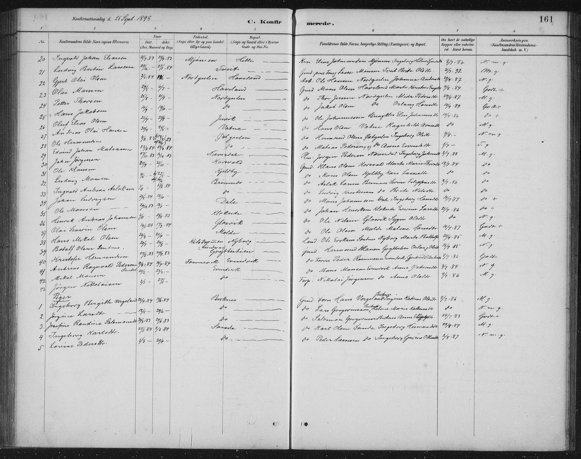 Gulen sokneprestembete, AV/SAB-A-80201/H/Hab/Habb/L0003: Klokkerbok nr. B 3, 1884-1907, s. 161