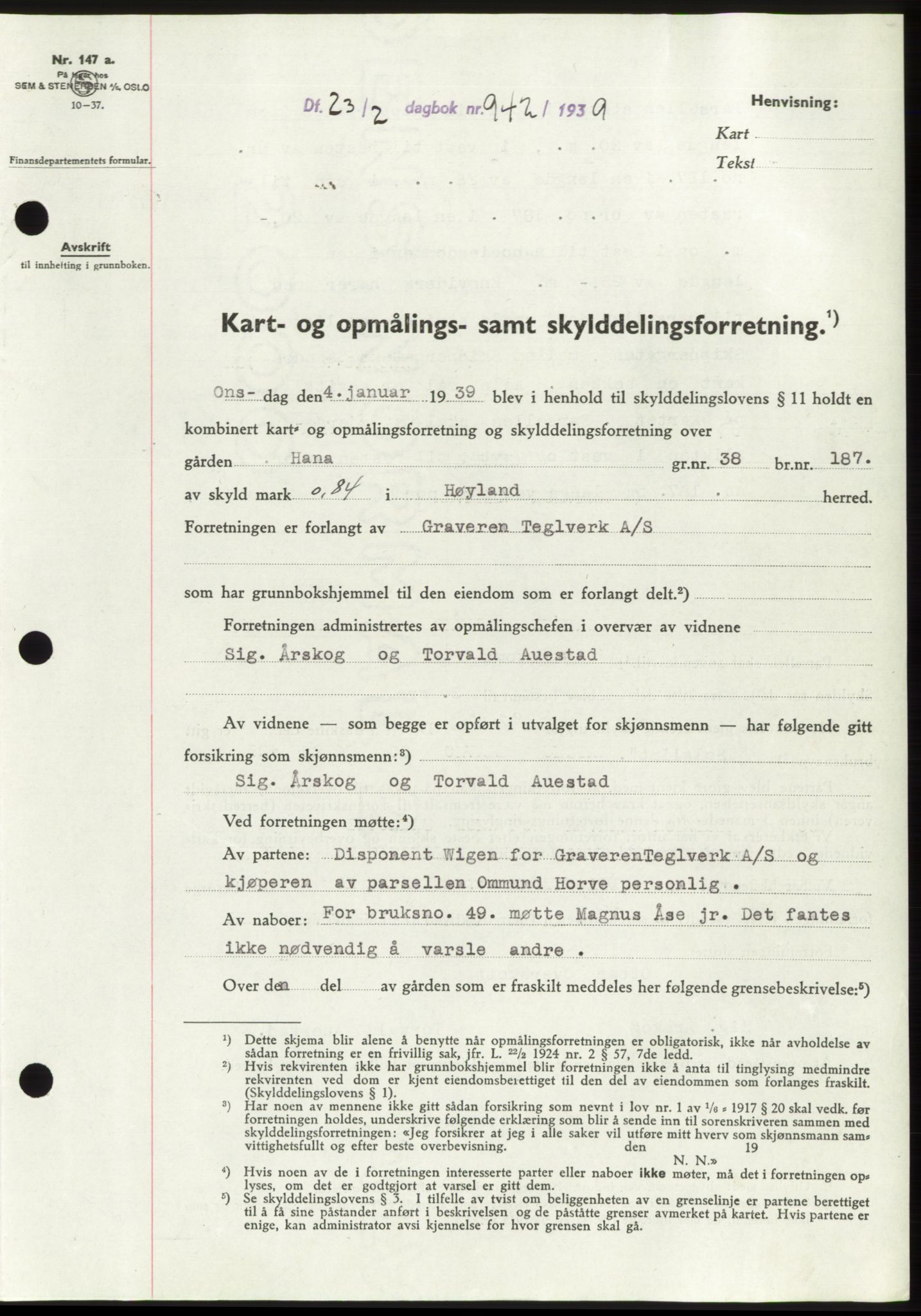Jæren sorenskriveri, SAST/A-100310/03/G/Gba/L0073: Pantebok, 1939-1939, Dagboknr: 942/1939
