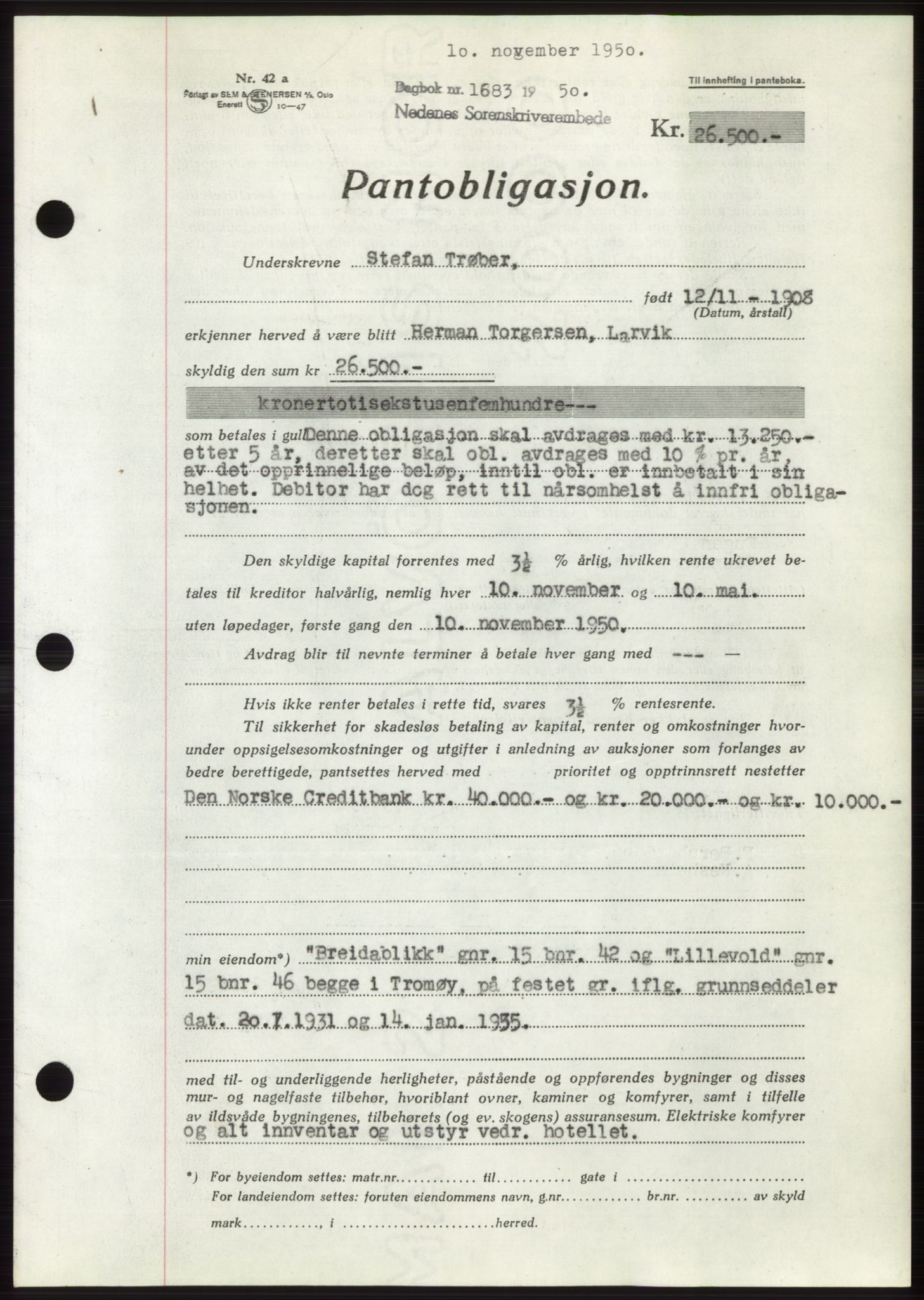 Nedenes sorenskriveri, SAK/1221-0006/G/Gb/Gbb/L0008: Pantebok nr. B8, 1950-1950, Dagboknr: 1683/1950