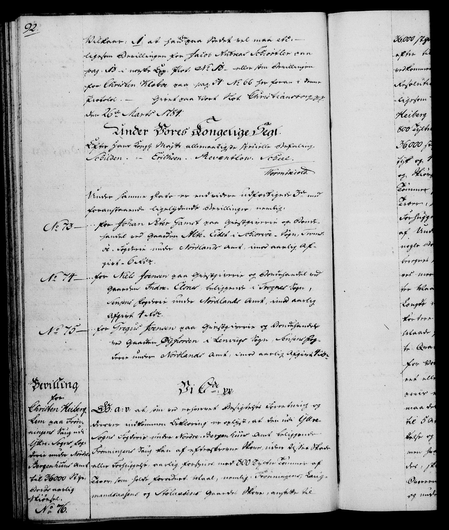 Rentekammeret, Kammerkanselliet, RA/EA-3111/G/Gg/Gga/L0013: Norsk ekspedisjonsprotokoll med register (merket RK 53.13), 1784-1787, s. 92