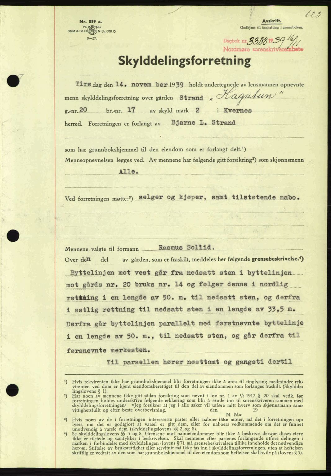 Nordmøre sorenskriveri, SAT/A-4132/1/2/2Ca: Pantebok nr. A87, 1939-1940, Dagboknr: 3338/1939