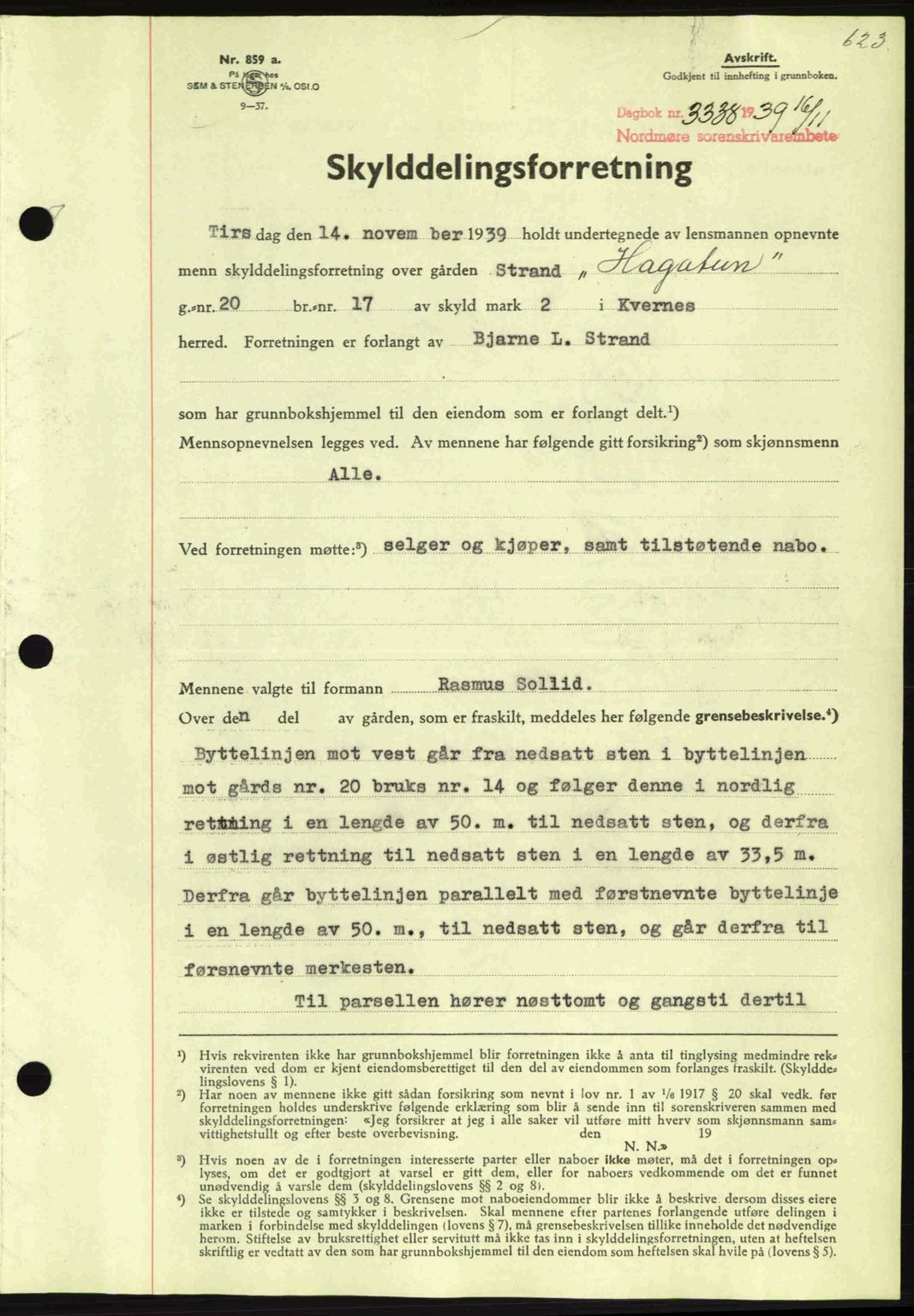 Nordmøre sorenskriveri, AV/SAT-A-4132/1/2/2Ca: Pantebok nr. A87, 1939-1940, Dagboknr: 3338/1939