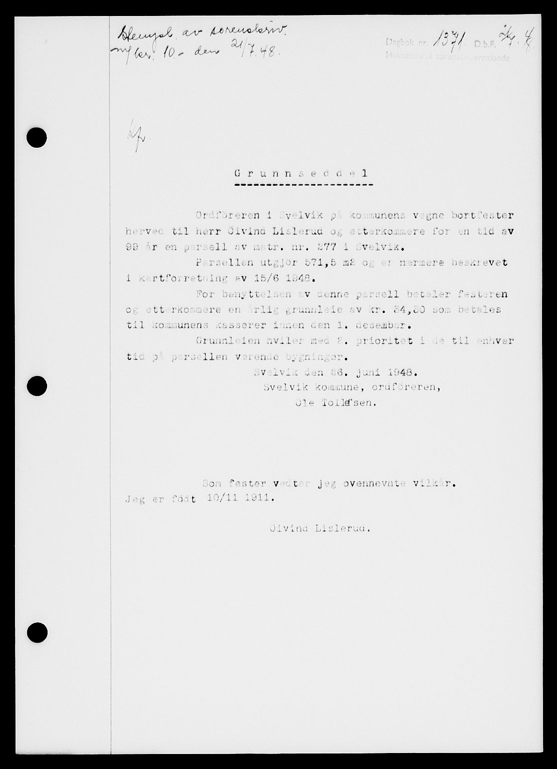 Holmestrand sorenskriveri, SAKO/A-67/G/Ga/Gaa/L0064: Pantebok nr. A-64, 1948-1948, Dagboknr: 1371/1948