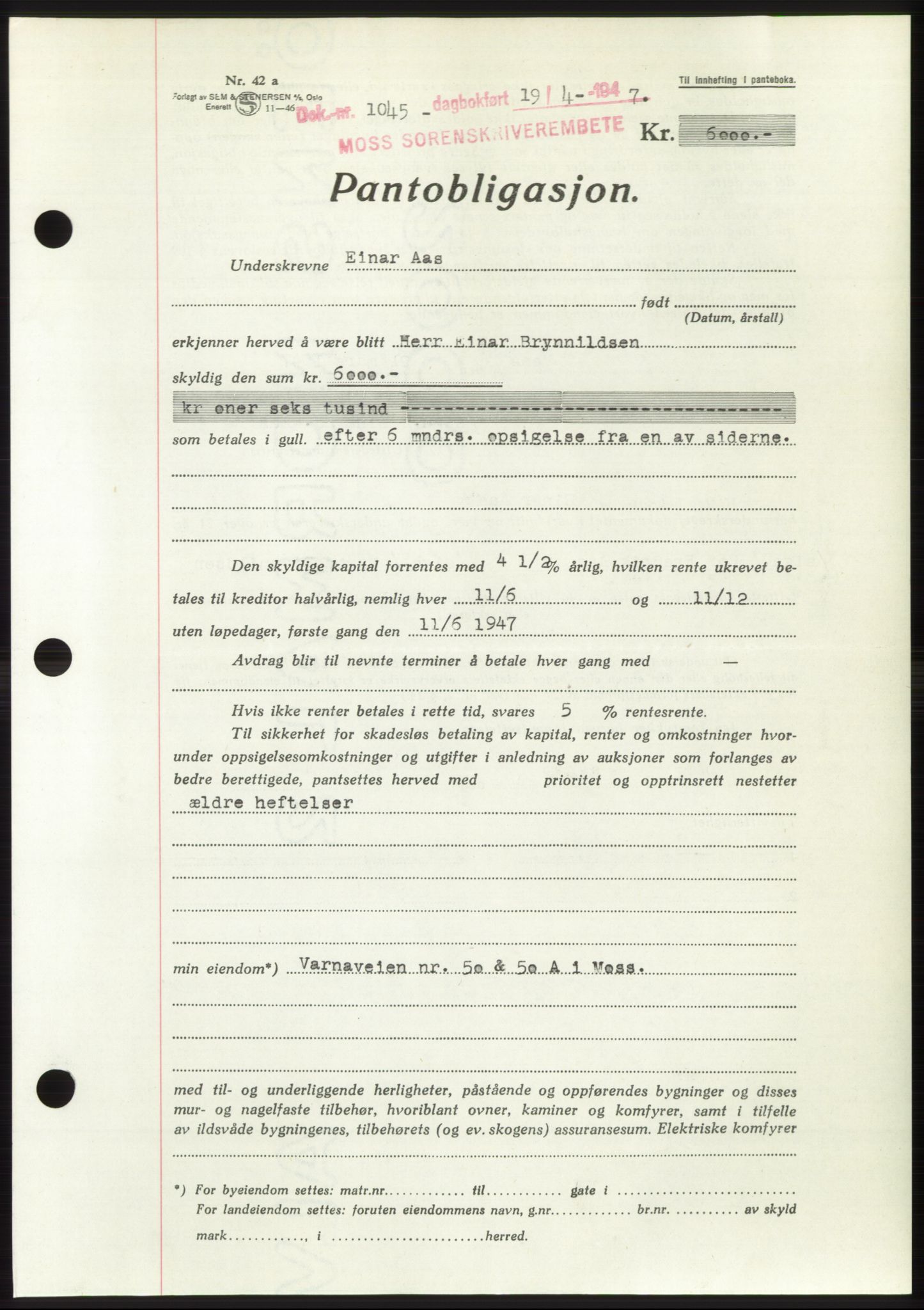 Moss sorenskriveri, SAO/A-10168: Pantebok nr. B17, 1947-1947, Dagboknr: 1045/1947