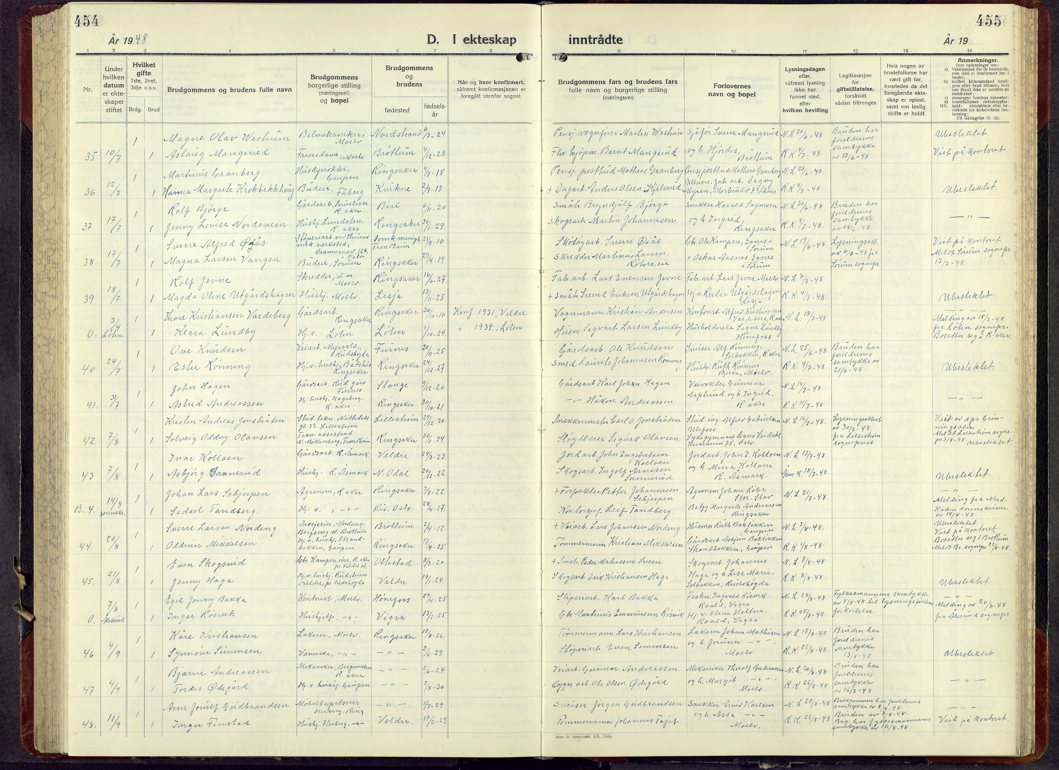 Ringsaker prestekontor, SAH/PREST-014/L/La/L0021: Klokkerbok nr. 21, 1947-1956, s. 455