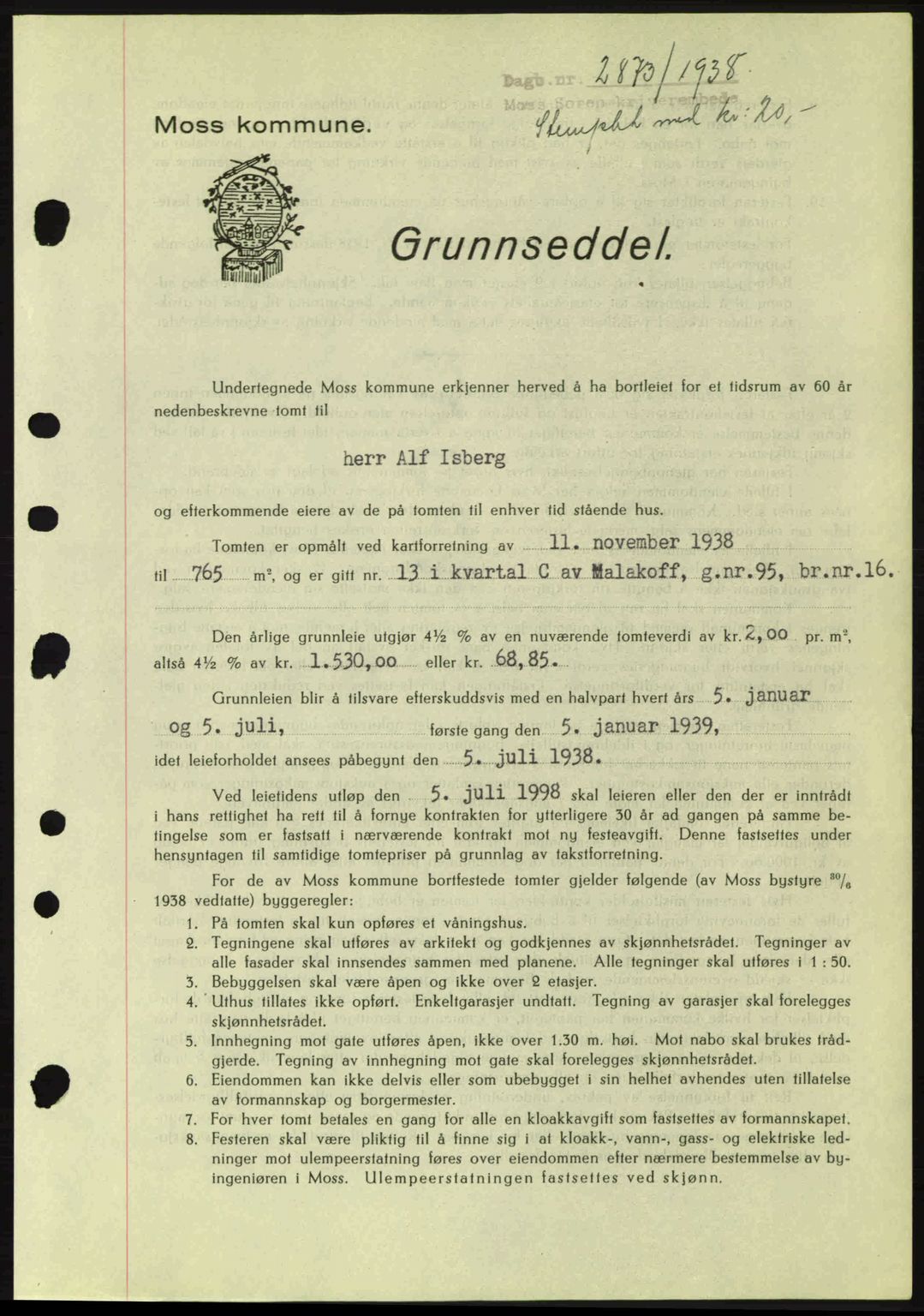 Moss sorenskriveri, SAO/A-10168: Pantebok nr. A5, 1938-1939, Dagboknr: 2873/1938