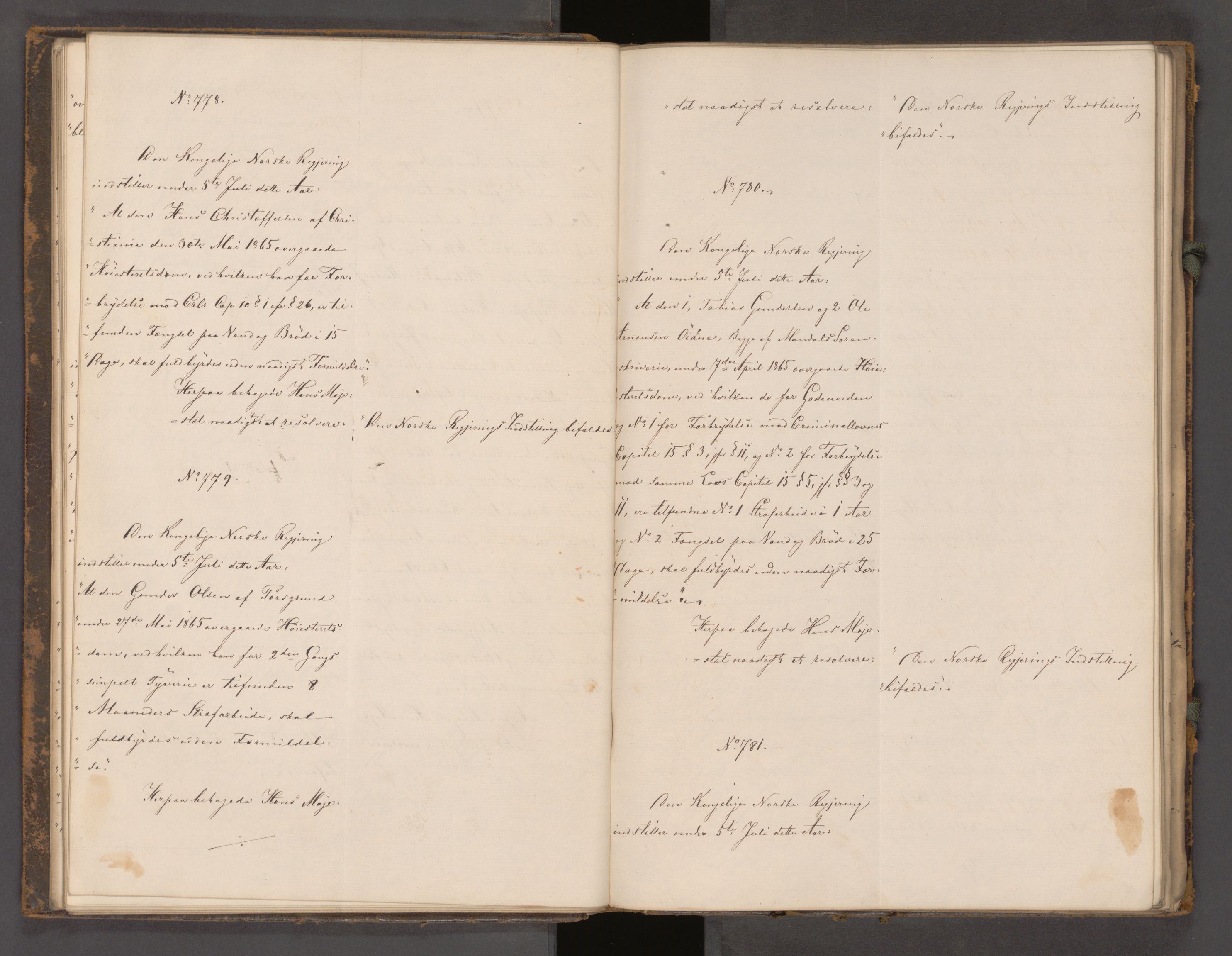 Statsrådssekretariatet, AV/RA-S-1001/A/Ab/L0104: Kgl. res. nr. 724-1001b, 2. halvår, 1865