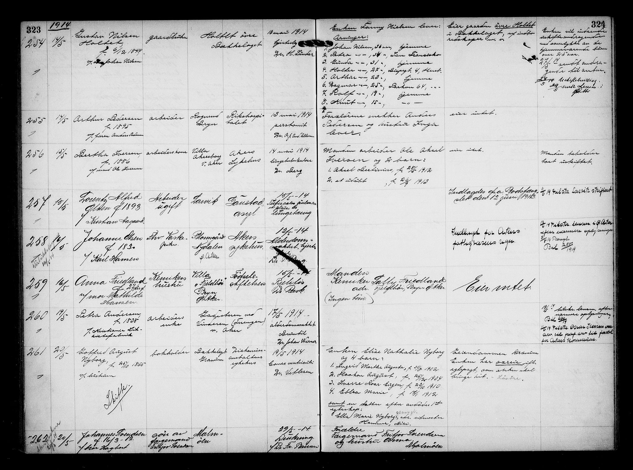Aker kriminaldommer, skifte- og auksjonsforvalterembete, AV/SAO-A-10452/H/Hb/Hba/Hbaa/L0003: Dødsfallsprotokoll, 1912-1914, s. 323-324