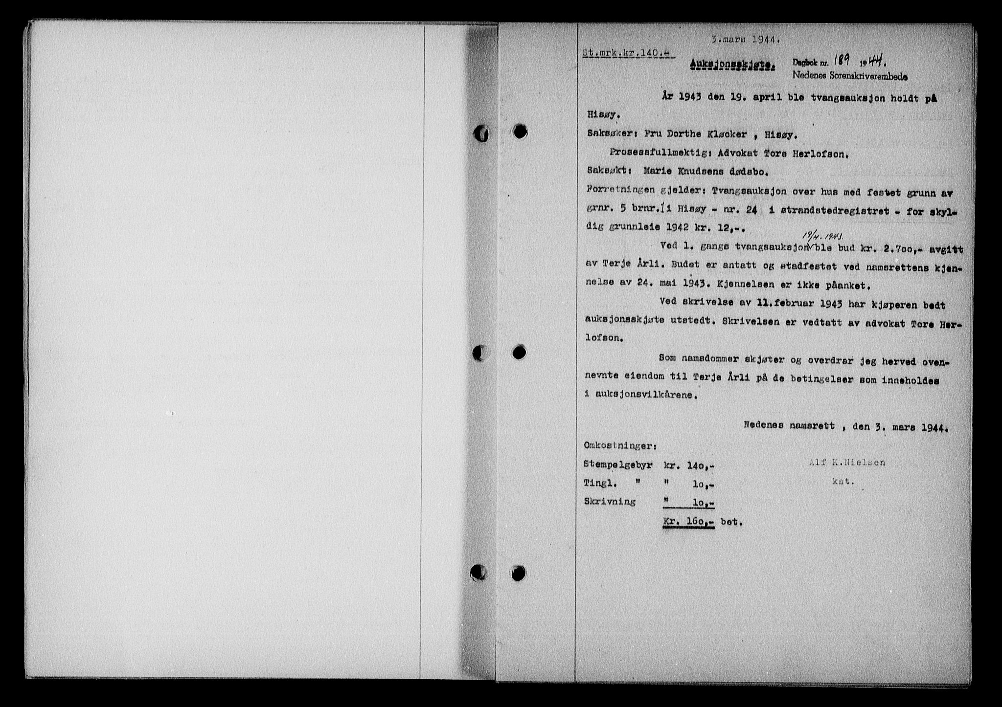 Nedenes sorenskriveri, SAK/1221-0006/G/Gb/Gba/L0051: Pantebok nr. A-V, 1943-1944, Dagboknr: 189/1944