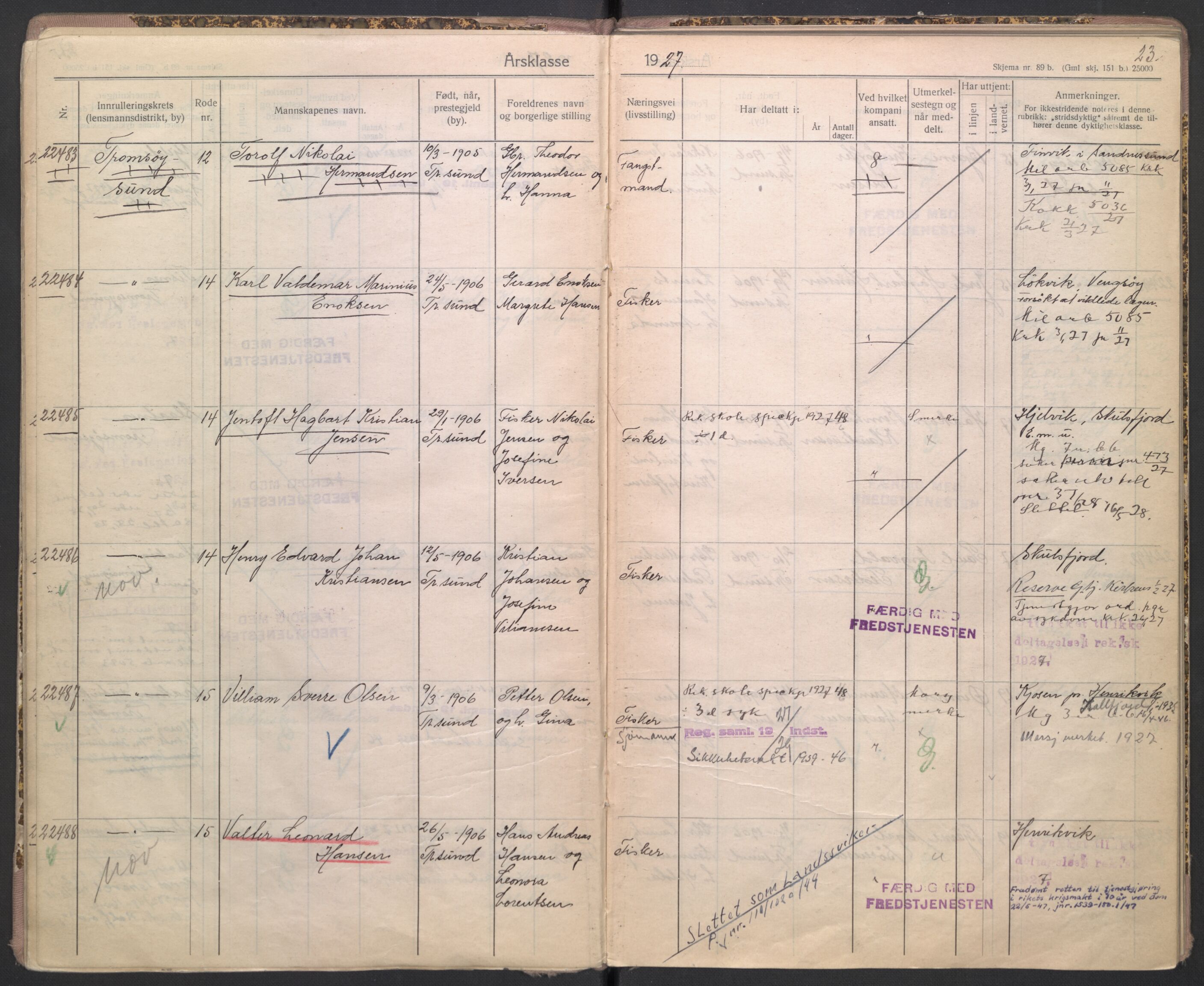 Forsvaret, Troms infanteriregiment nr. 16, AV/RA-RAFA-3146/P/Pa/L0004/0004: Ruller / Rulle for Bardu bataljons menige mannskaper, årsklasse 1927, 1927, s. 23