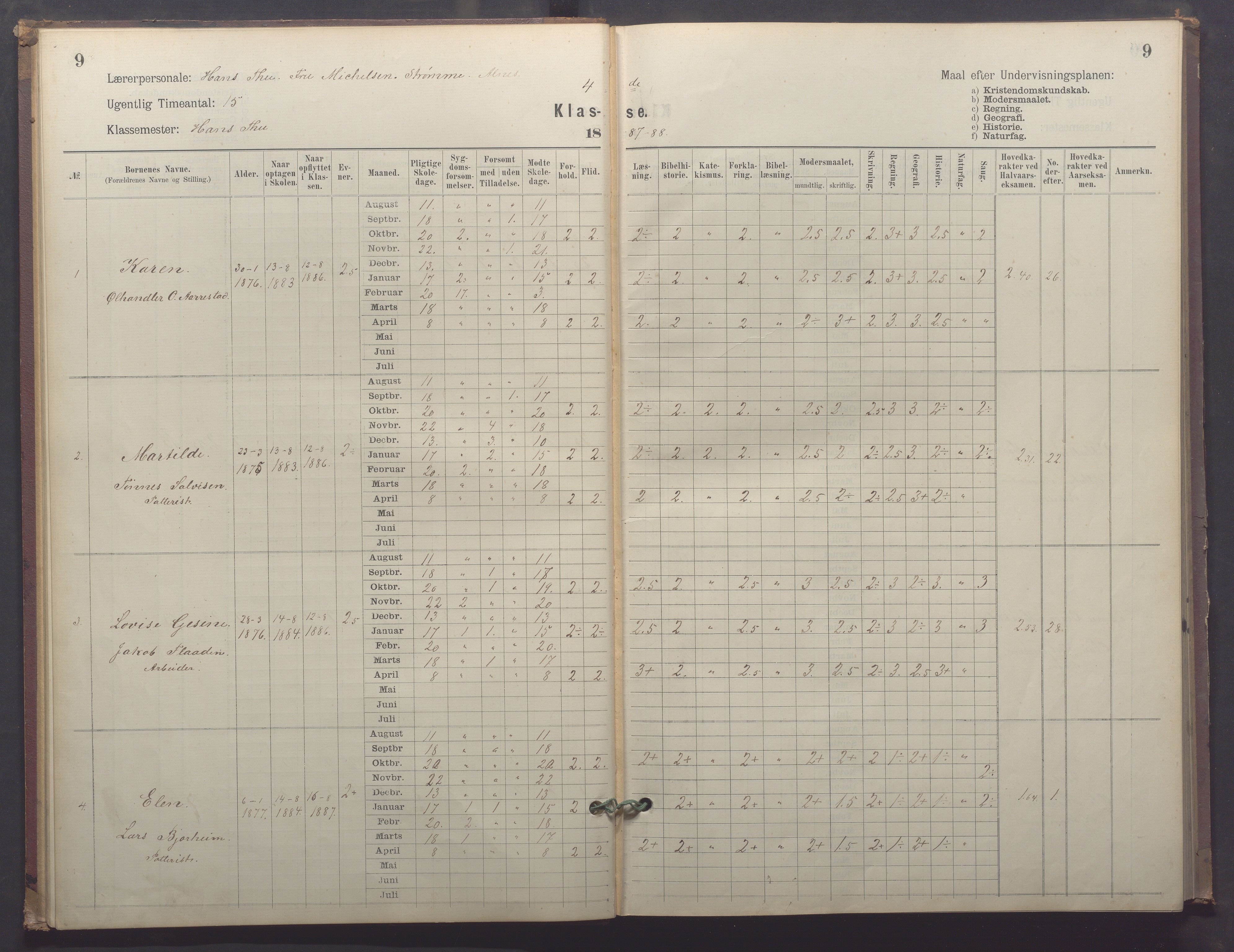 Egersund kommune (Ladested) - Egersund almueskole/folkeskole, IKAR/K-100521/H/L0025: Skoleprotokoll - Almueskolen, 4. klasse, 1887-1892, s. 9